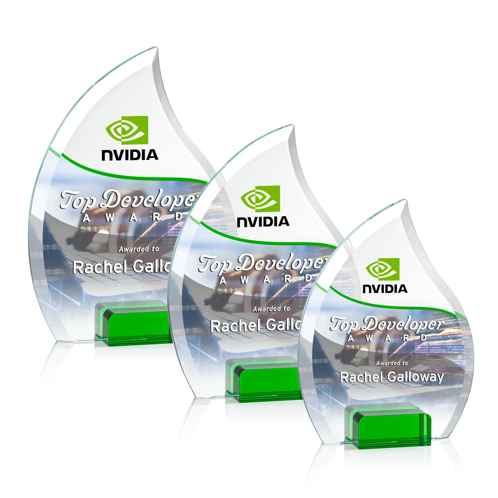 Promotional Starfire Crystal Flame Award Held Between Sapphire Panes for employee recognition