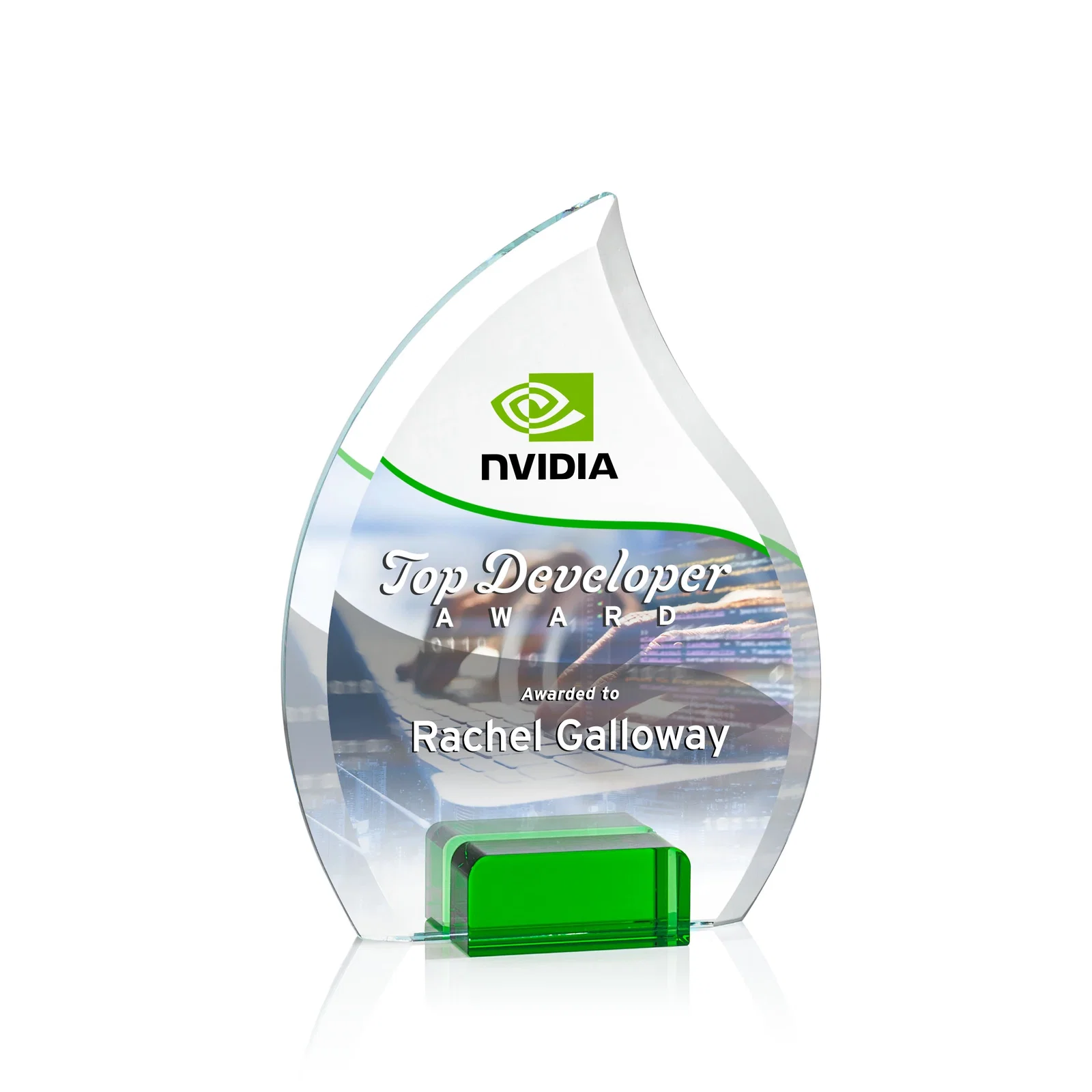 Promotional Starfire Crystal Flame Award Held Between Sapphire Panes for corporate award ceremonies