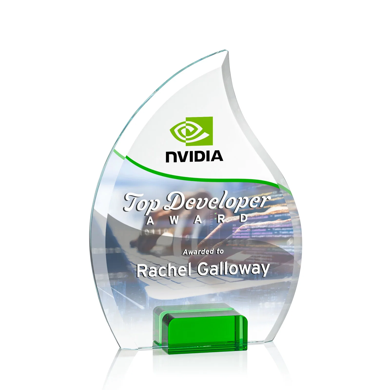 Promotional Starfire Crystal Flame Award Held Between Sapphire Panes for service anniversary gifts