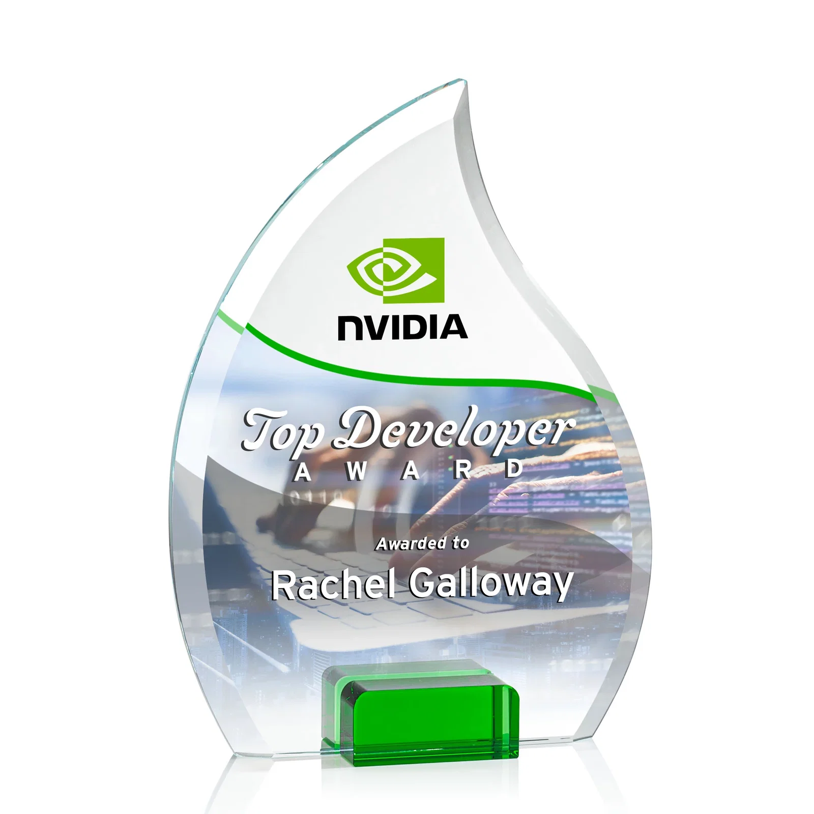 Promotional Starfire Crystal Flame Award Held Between Sapphire Panes for sales achievement awards