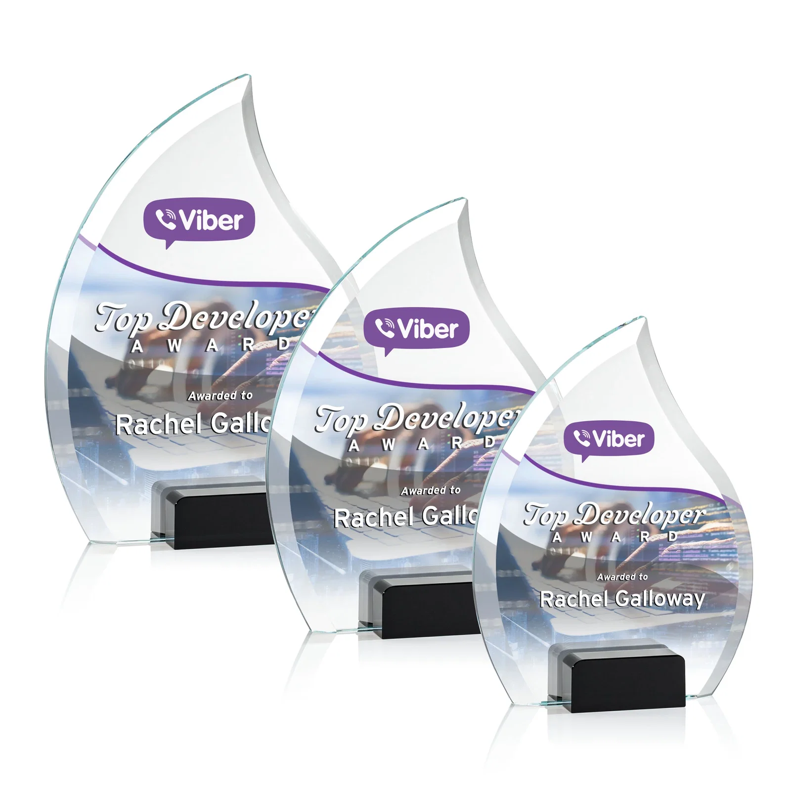 Promotional Starfire Crystal Flame Award Held Between Sapphire Panes for retirement presentations