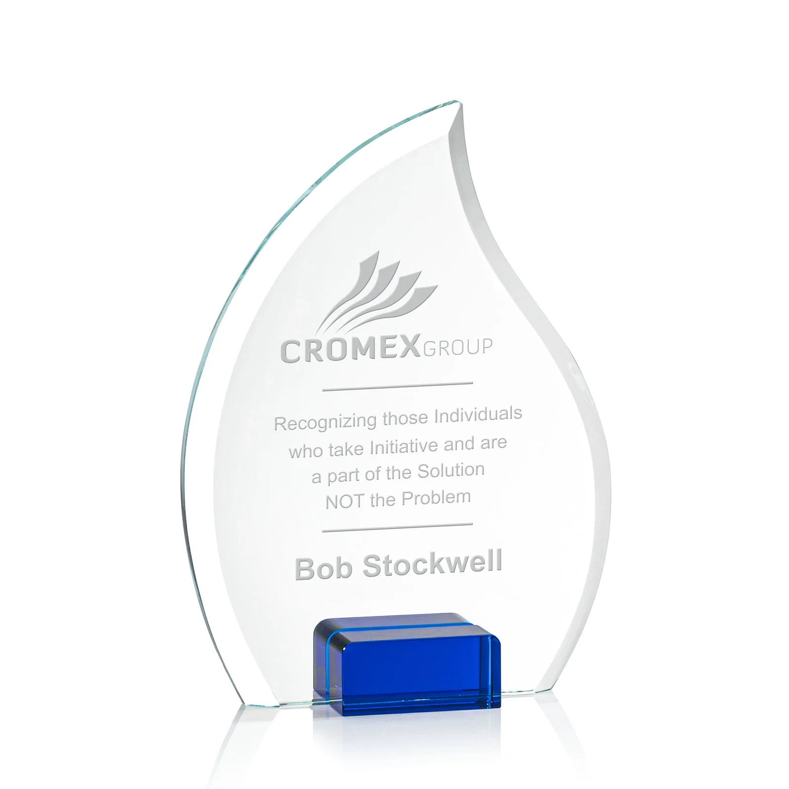 Custom Starfire Crystal Flame Award Held Between Sapphire Panes for service anniversary gifts