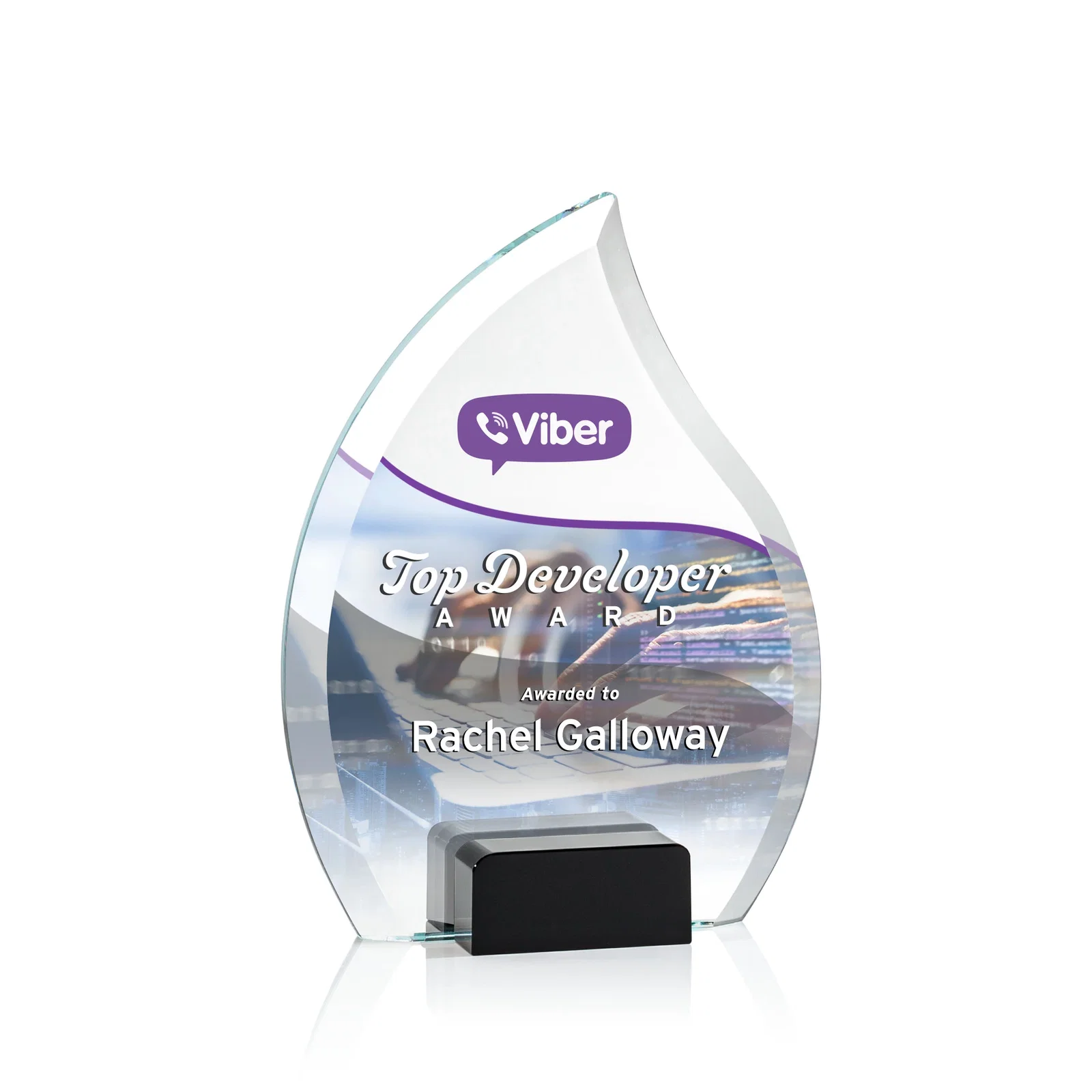 Promotional Starfire Crystal Flame Award Held Between Sapphire Panes for team milestone celebrations