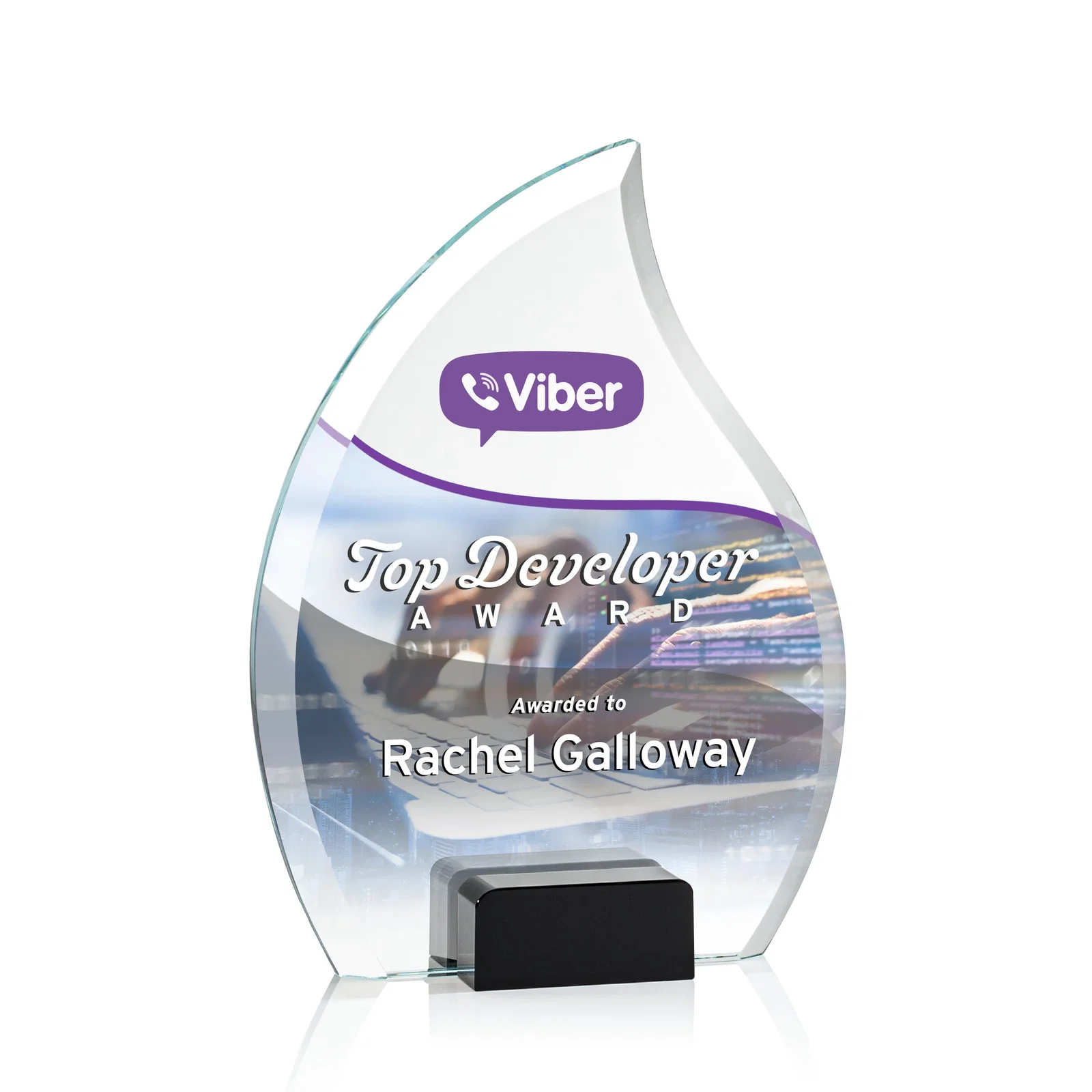 Promotional Starfire Crystal Flame Award Held Between Sapphire Panes for donor appreciation