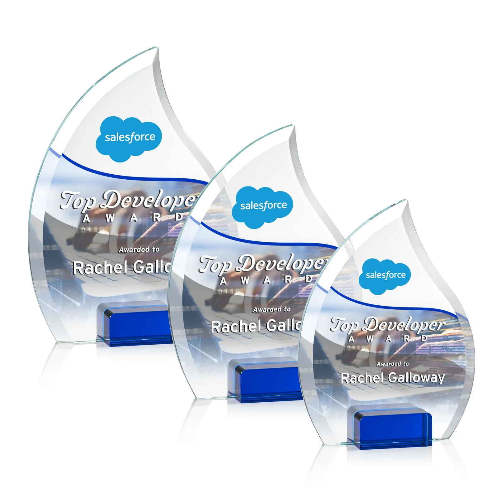 Promotional Starfire Crystal Flame Award Held Between Sapphire Panes for safety achievement programs