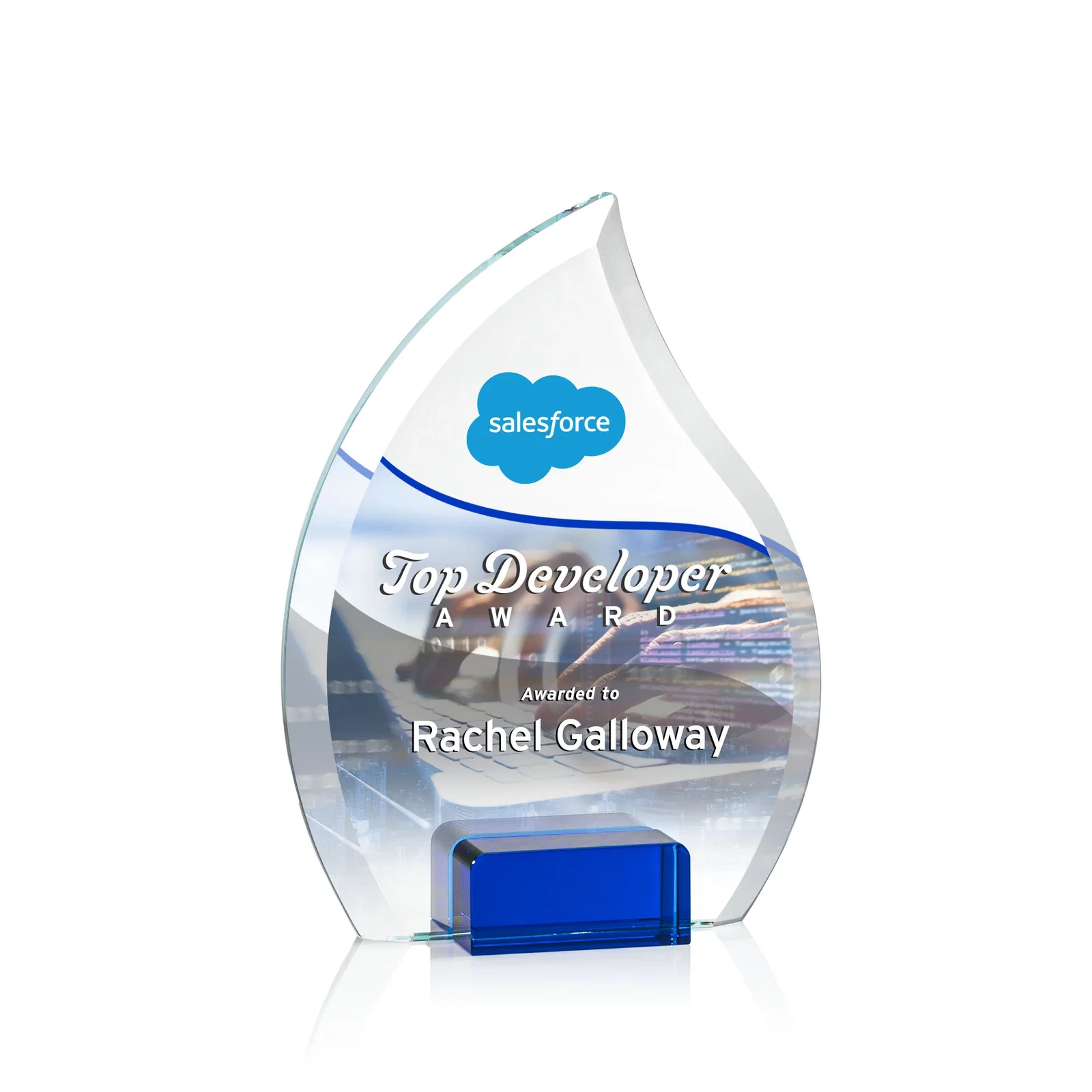 Promotional Starfire Crystal Flame Award Held Between Sapphire Panes for volunteer appreciation