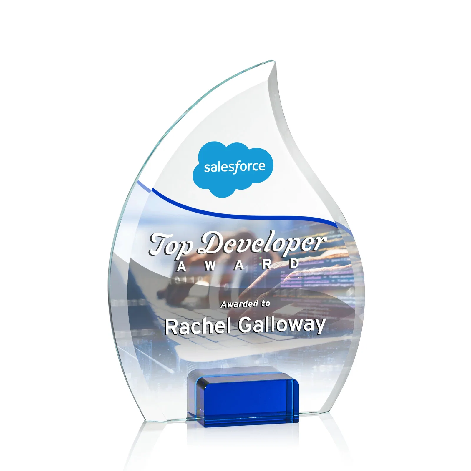 Promotional Starfire Crystal Flame Award Held Between Sapphire Panes for dealer and partner awards
