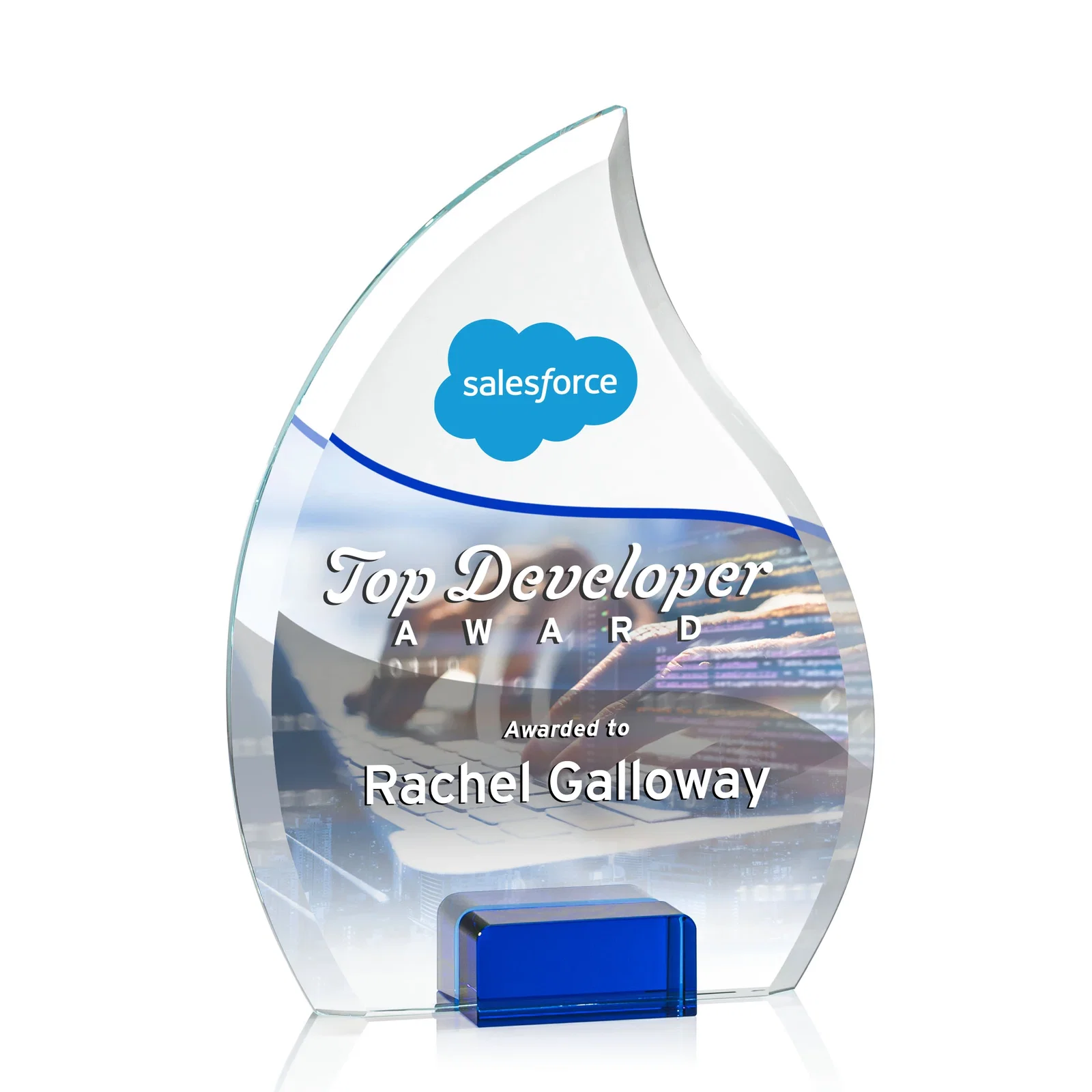 Promotional Starfire Crystal Flame Award Held Between Sapphire Panes for company anniversary events