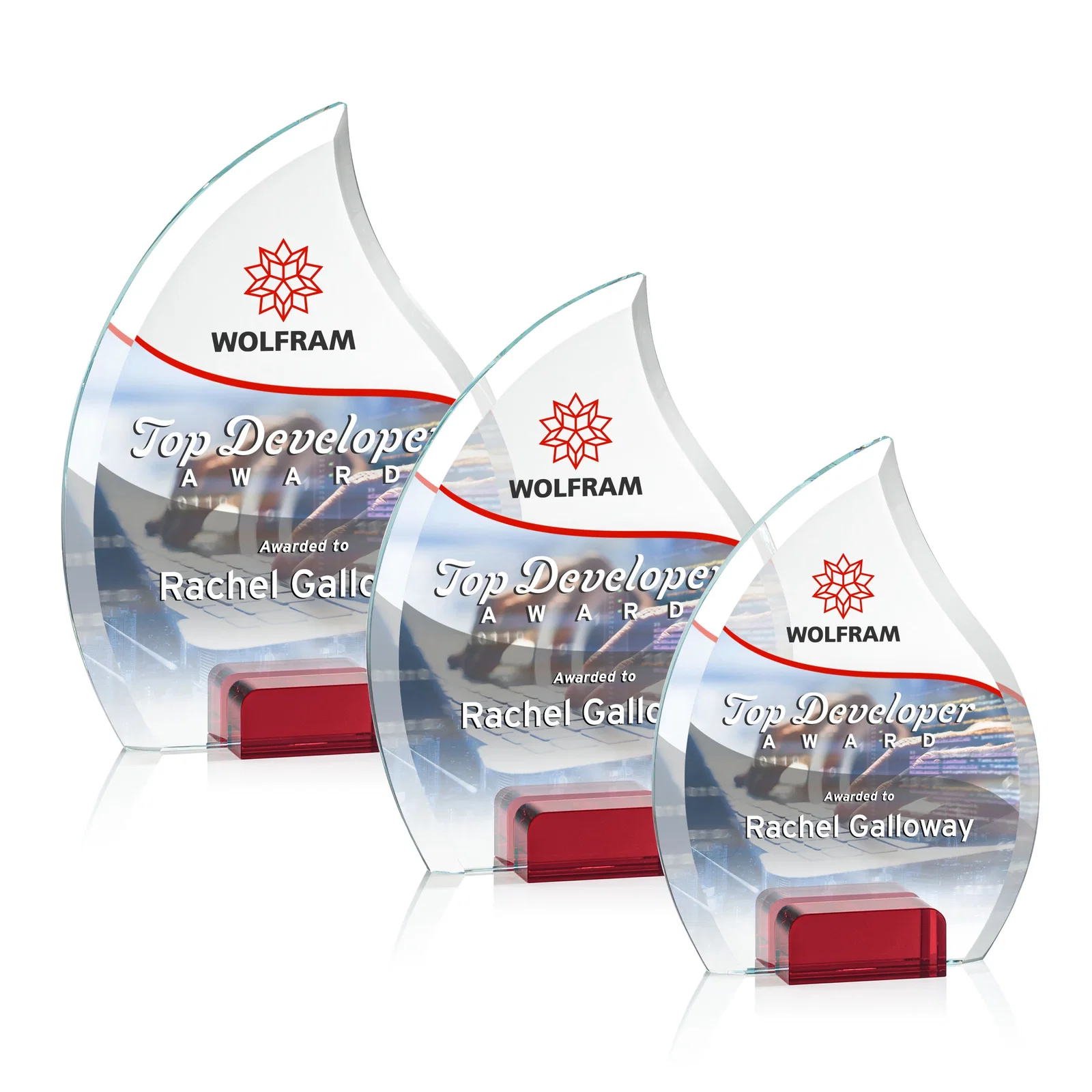 Branded Starfire Crystal Flame Award Held Between Sapphire Panes for employee recognition
