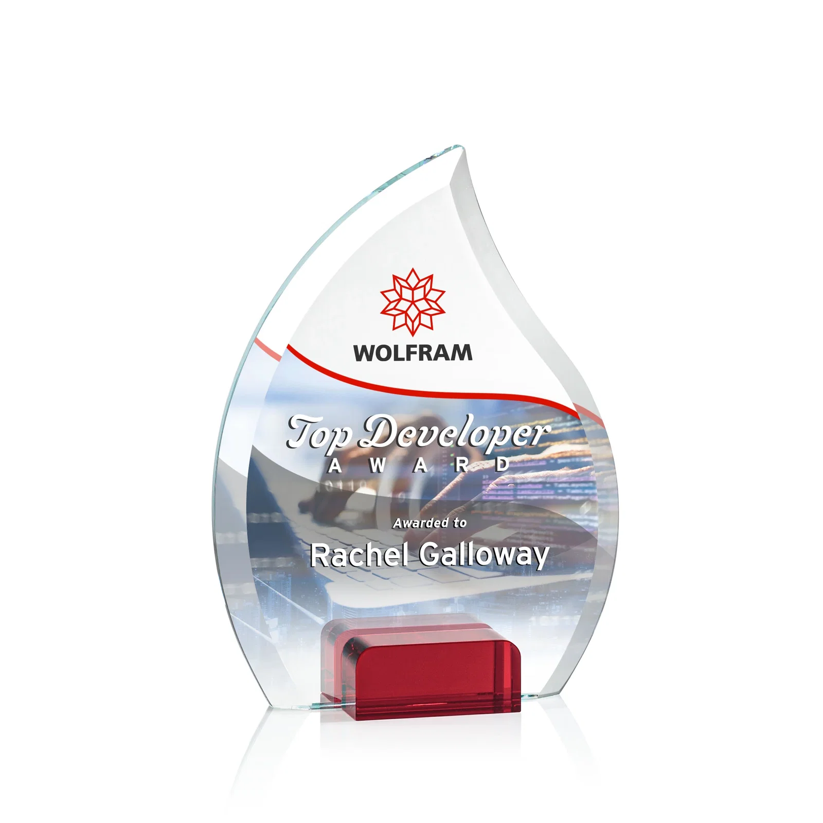 Branded Starfire Crystal Flame Award Held Between Sapphire Panes for corporate award ceremonies