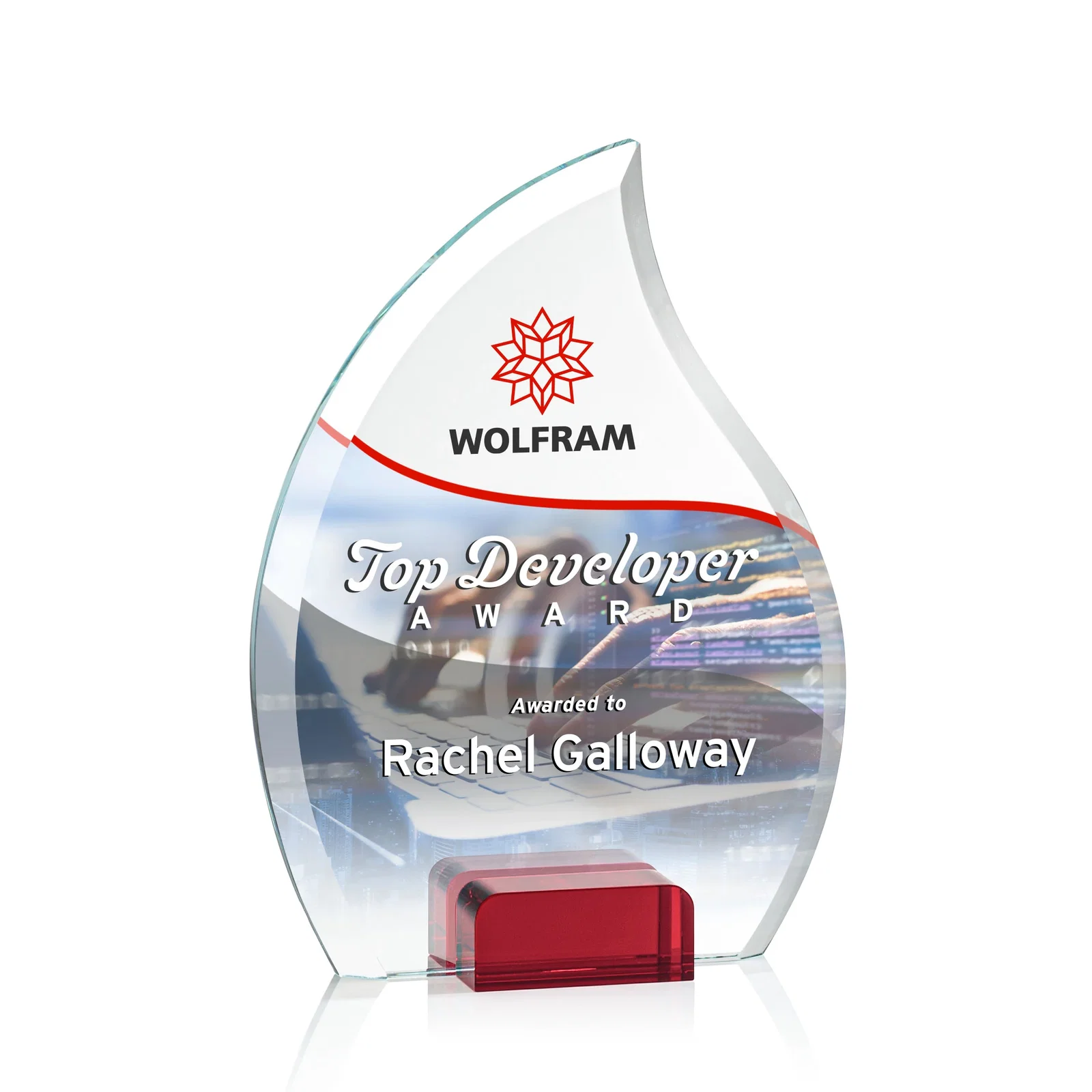 Branded Starfire Crystal Flame Award Held Between Sapphire Panes for service anniversary gifts