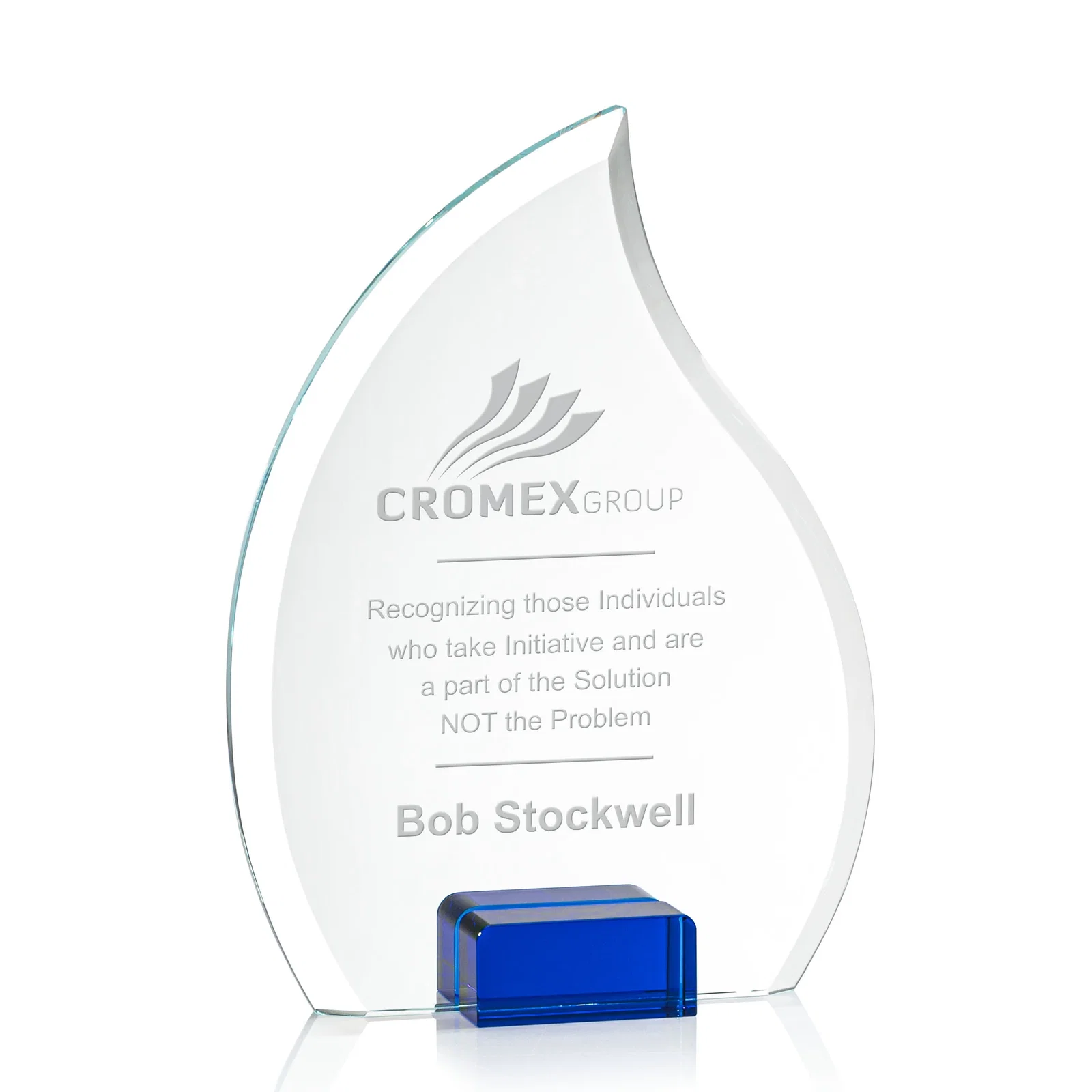 Custom Starfire Crystal Flame Award Held Between Sapphire Panes for sales achievement awards
