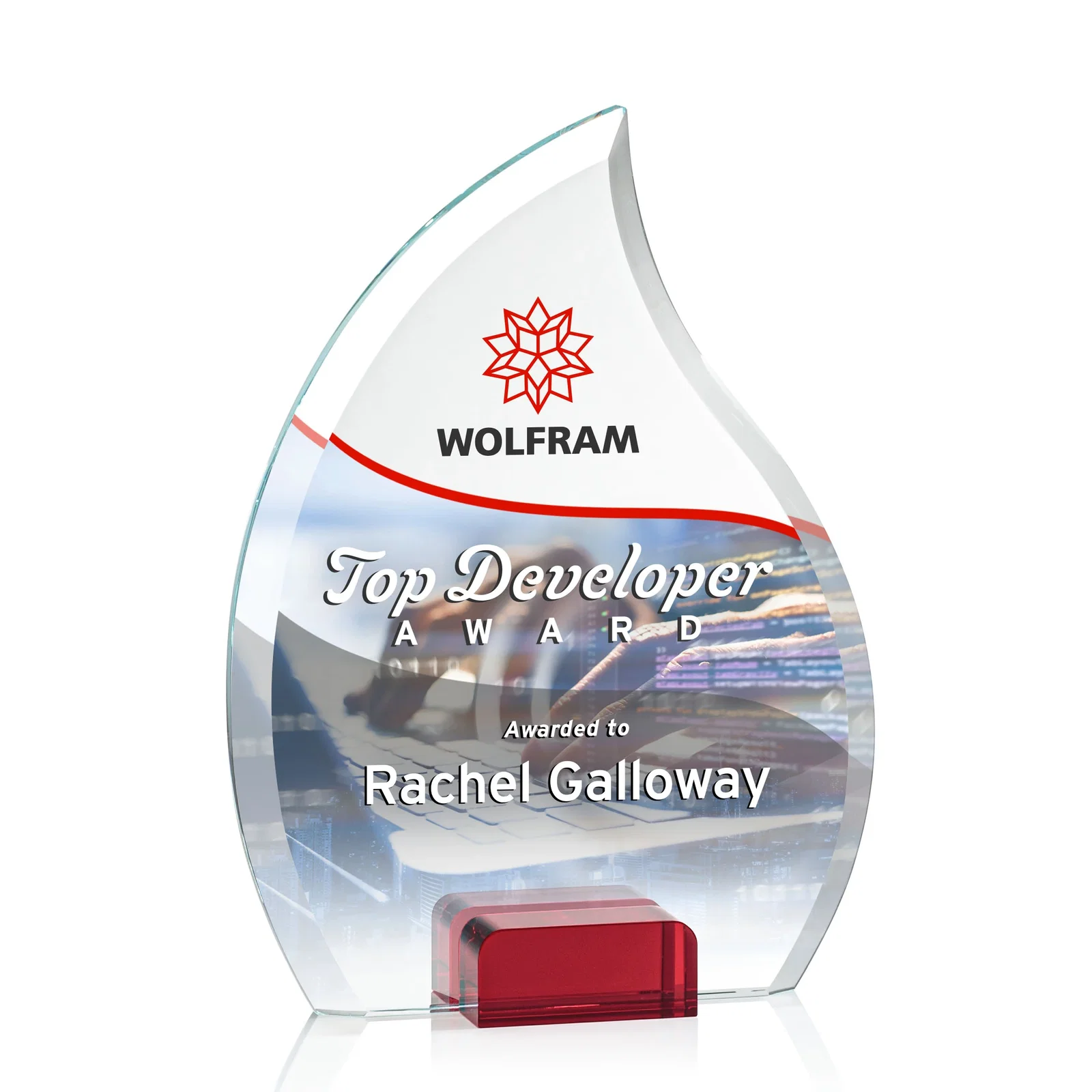 Branded Starfire Crystal Flame Award Held Between Sapphire Panes for sales achievement awards
