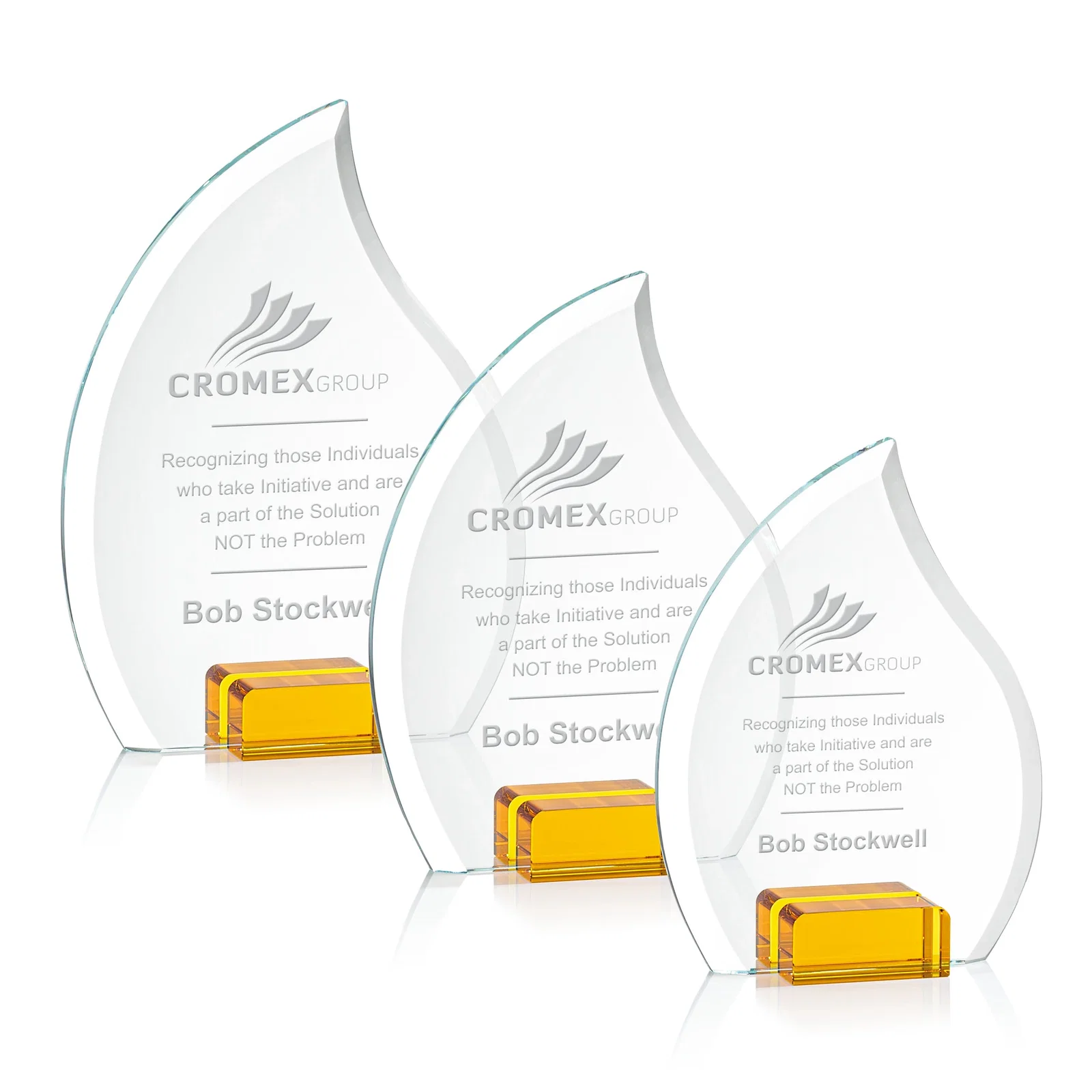 Custom Starfire Crystal Flame Award Held Between Sapphire Panes for retirement presentations