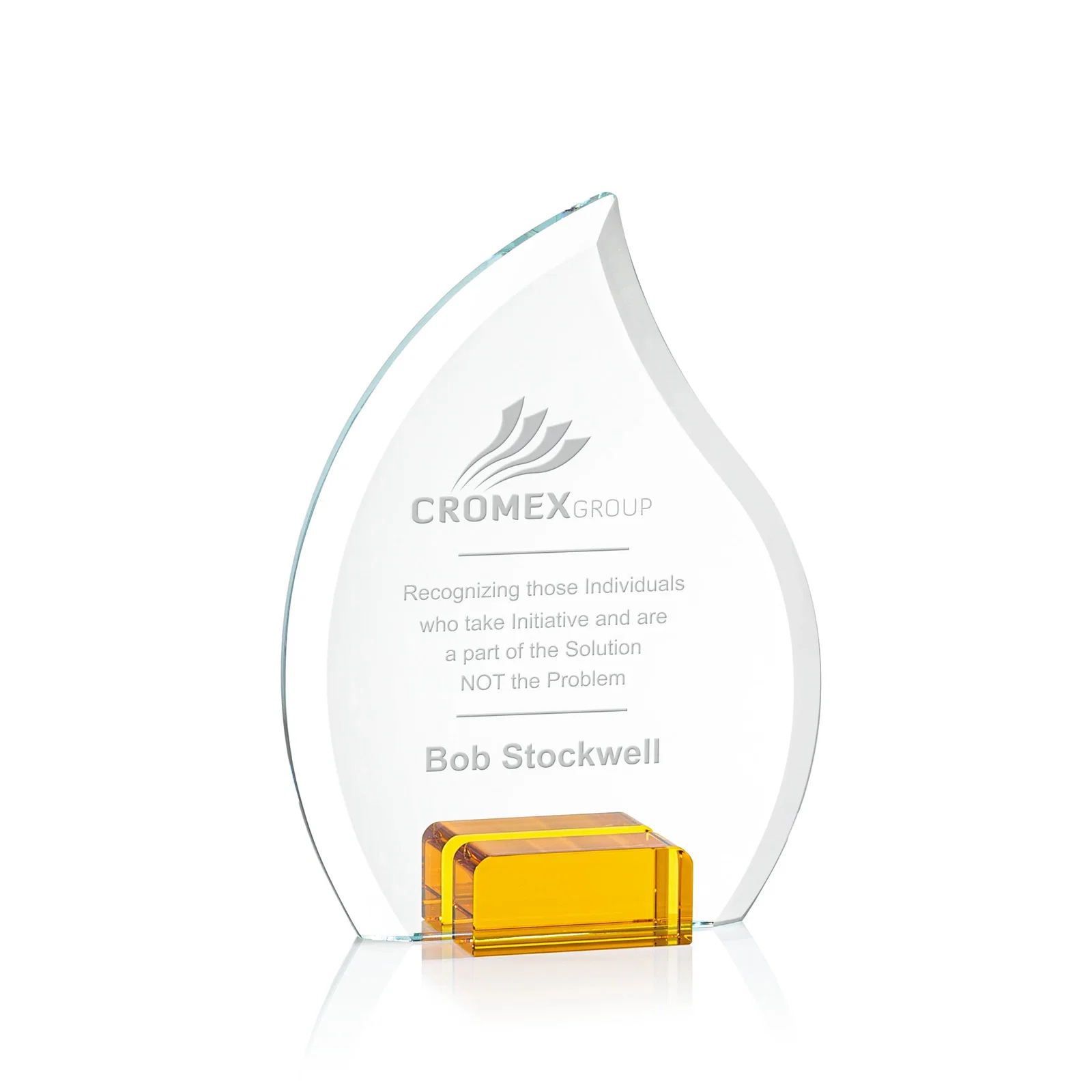 Custom Starfire Crystal Flame Award Held Between Sapphire Panes for team milestone celebrations