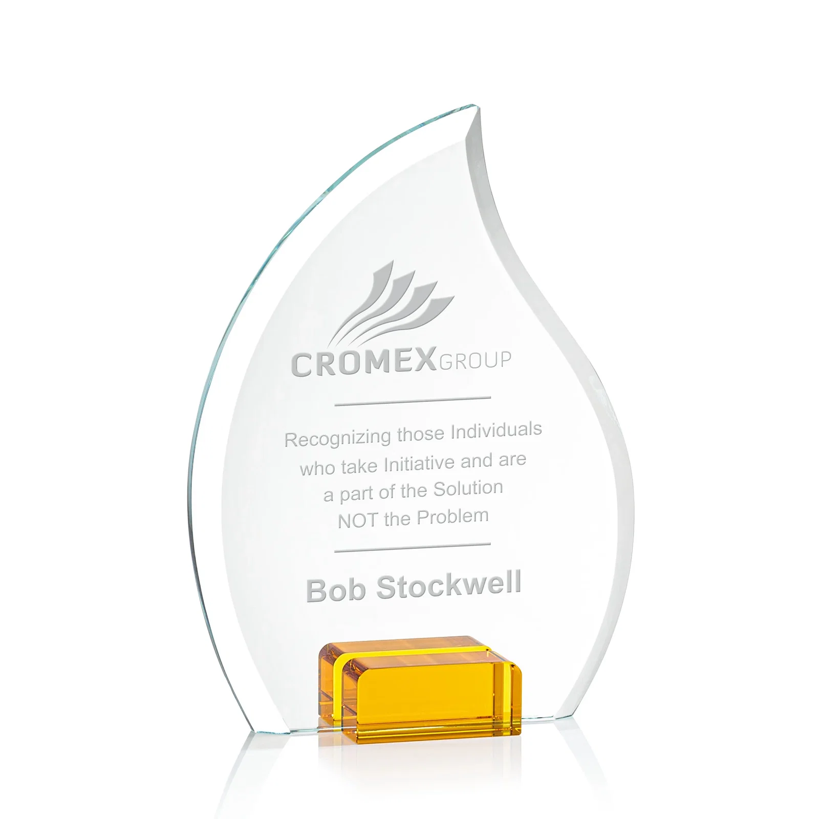 Custom Starfire Crystal Flame Award Held Between Sapphire Panes for donor appreciation