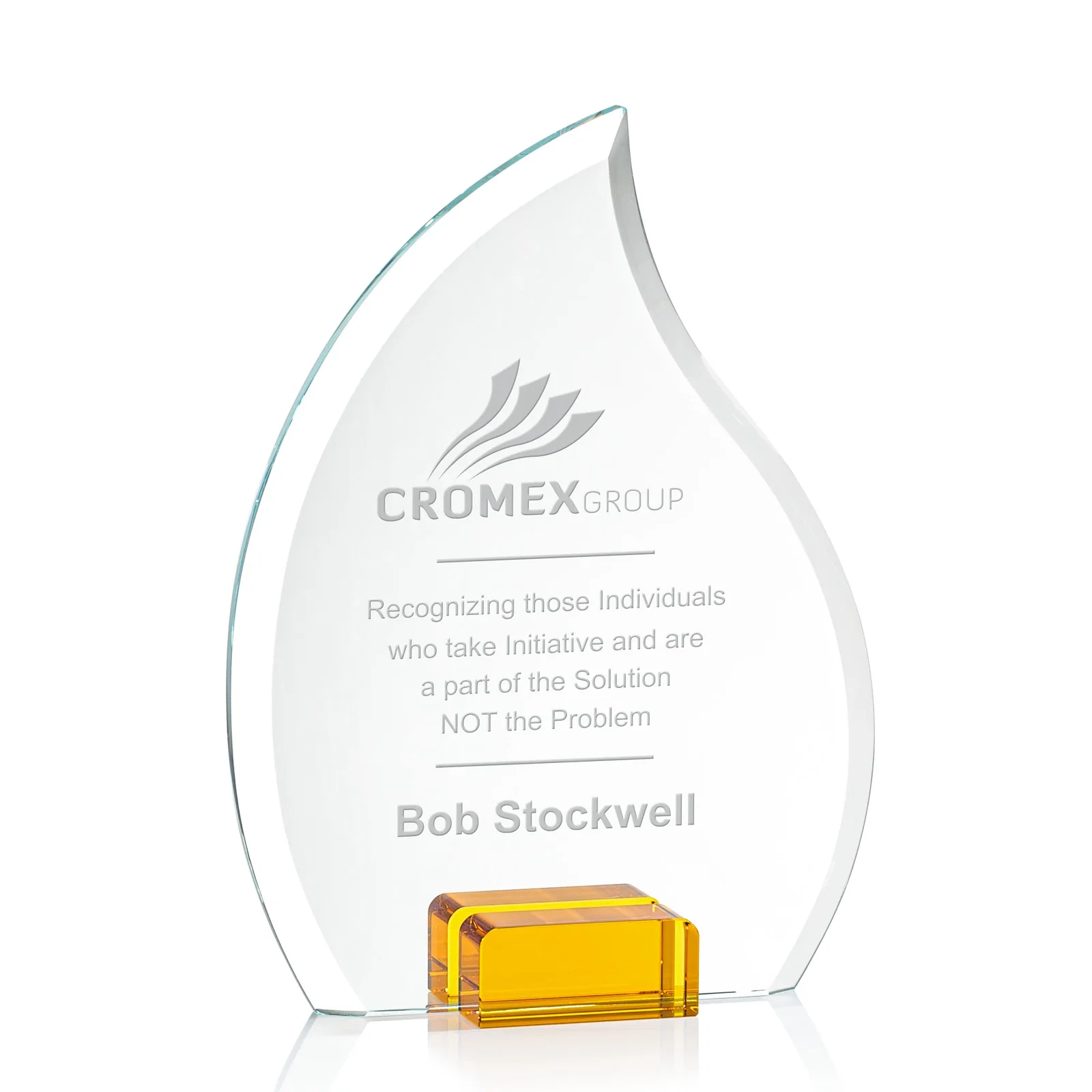 Custom Starfire Crystal Flame Award Held Between Sapphire Panes for graduation ceremonies