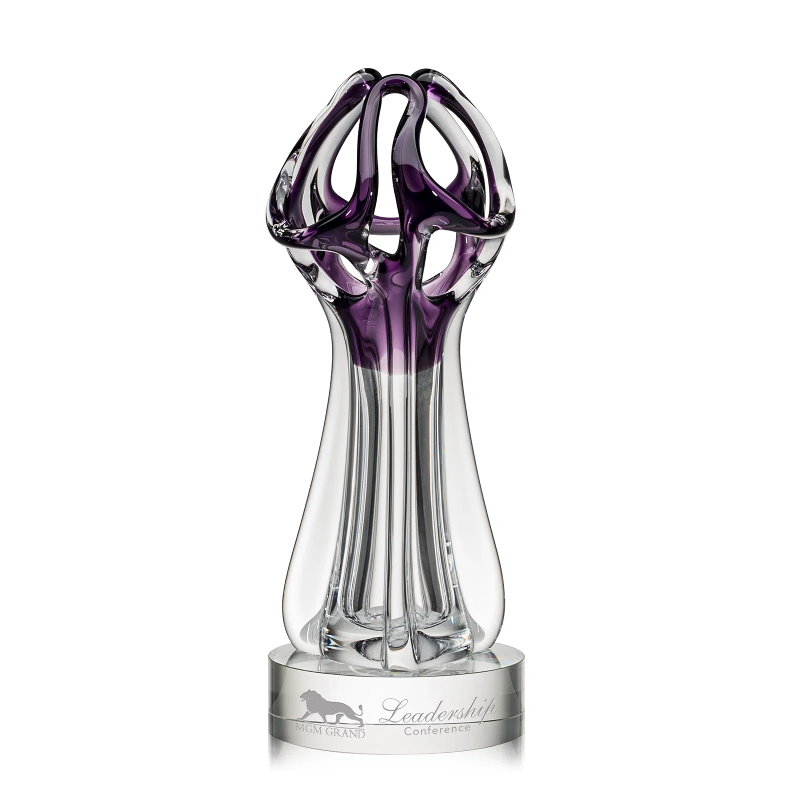 Custom Clear and Amethyst Glass Sculpture Award With Stretched Tendrils for employee recognition