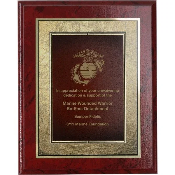 Rosewood-finish award plaque with gold florentine plate on ruby and black marble wood