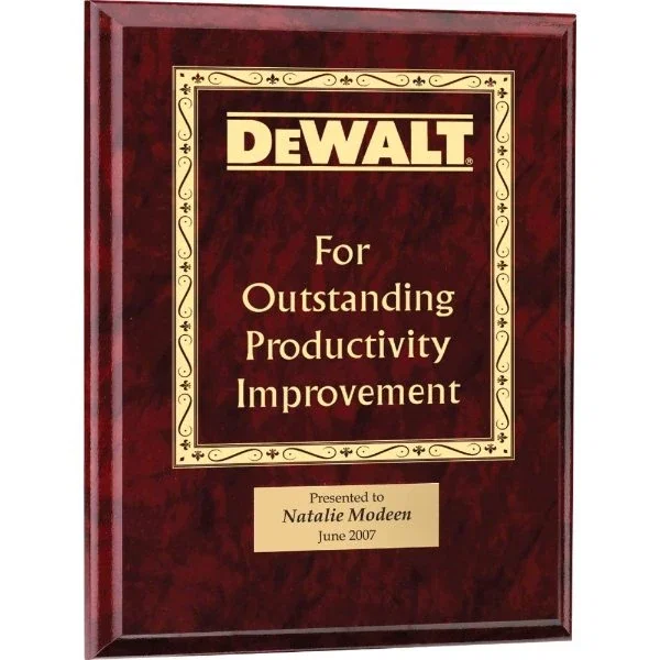 Rosewood piano-finish award plaque with fleur-de-lis border, burgundy and gold marble plate