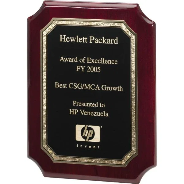 Rosewood piano-finish award plaque, notched corners with lasered florentine-border plate