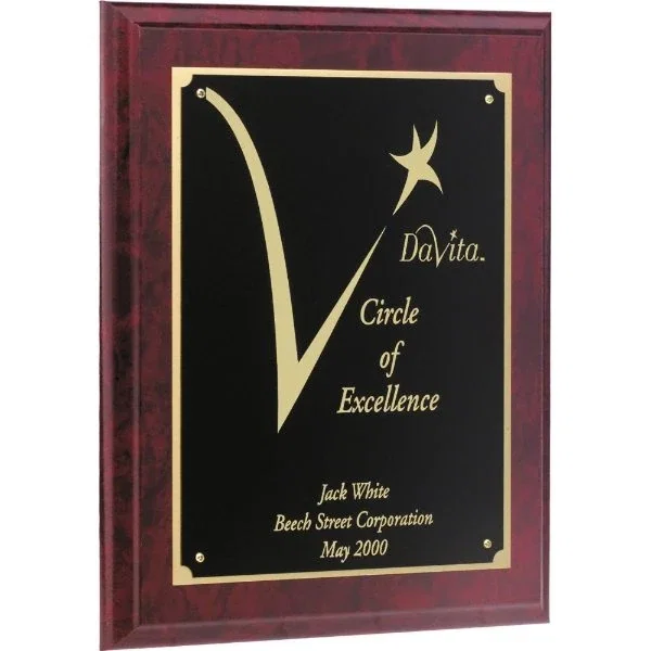 Rosewood piano-finish star award plaque, lasered black brass plate on cherry-marble wood