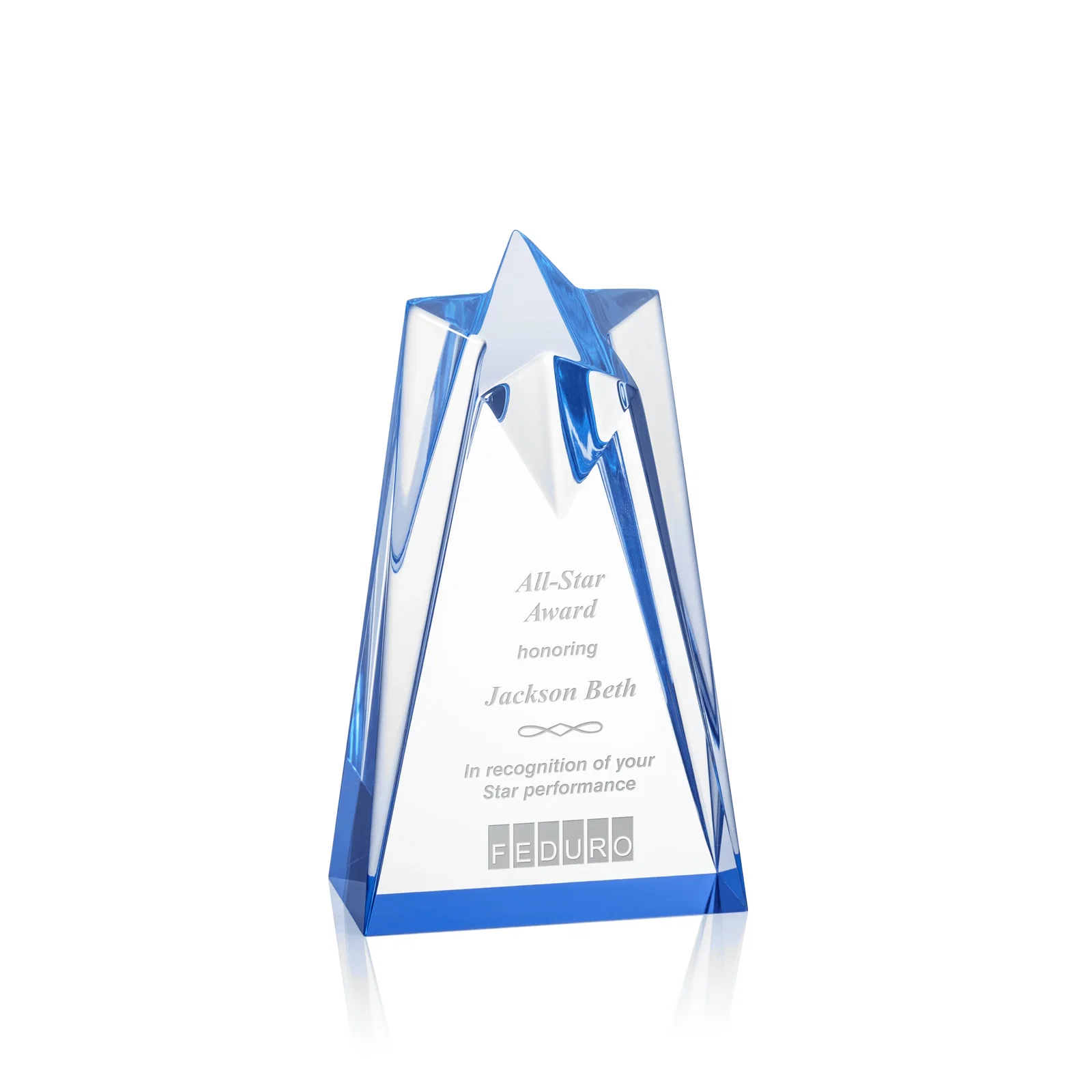 Custom Clear Acrylic Star Award with Tapered Points for volunteer appreciation