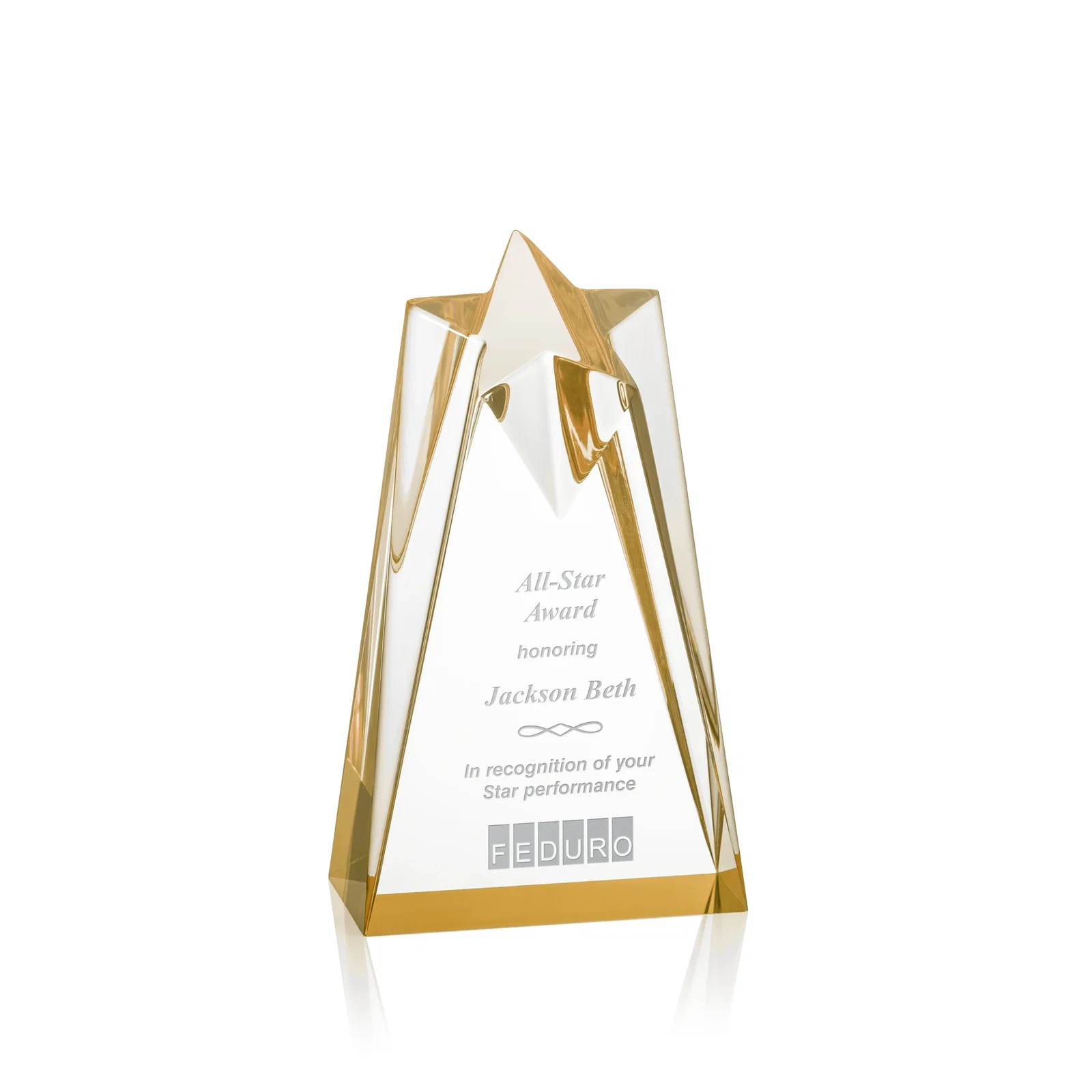 Custom Clear Acrylic Star Award with Tapered Points for team milestone celebrations