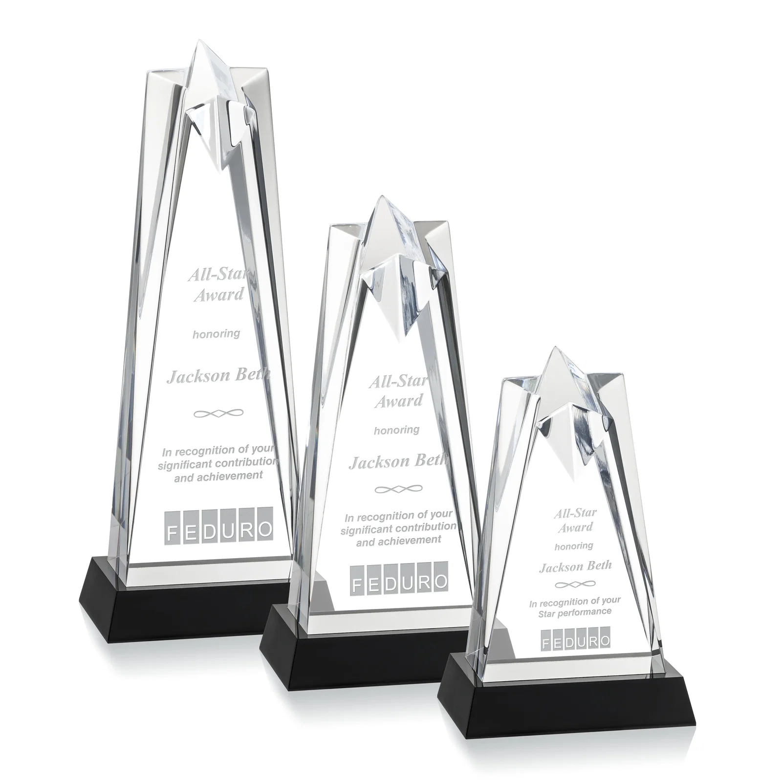 Custom Two-Piece Acrylic Star Award on Black Base, Engraved on Back for employee recognition
