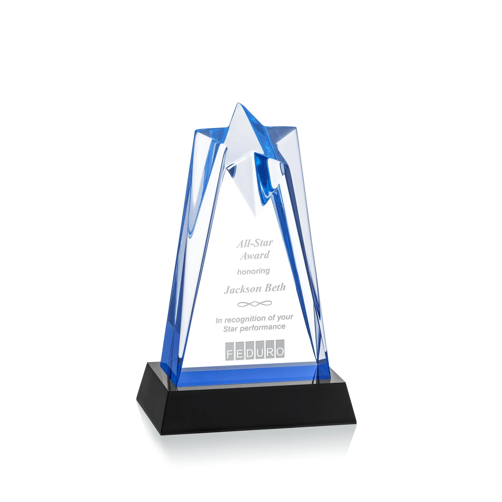 Custom Two-Piece Acrylic Star Award on Black Base, Engraved on Back for volunteer appreciation