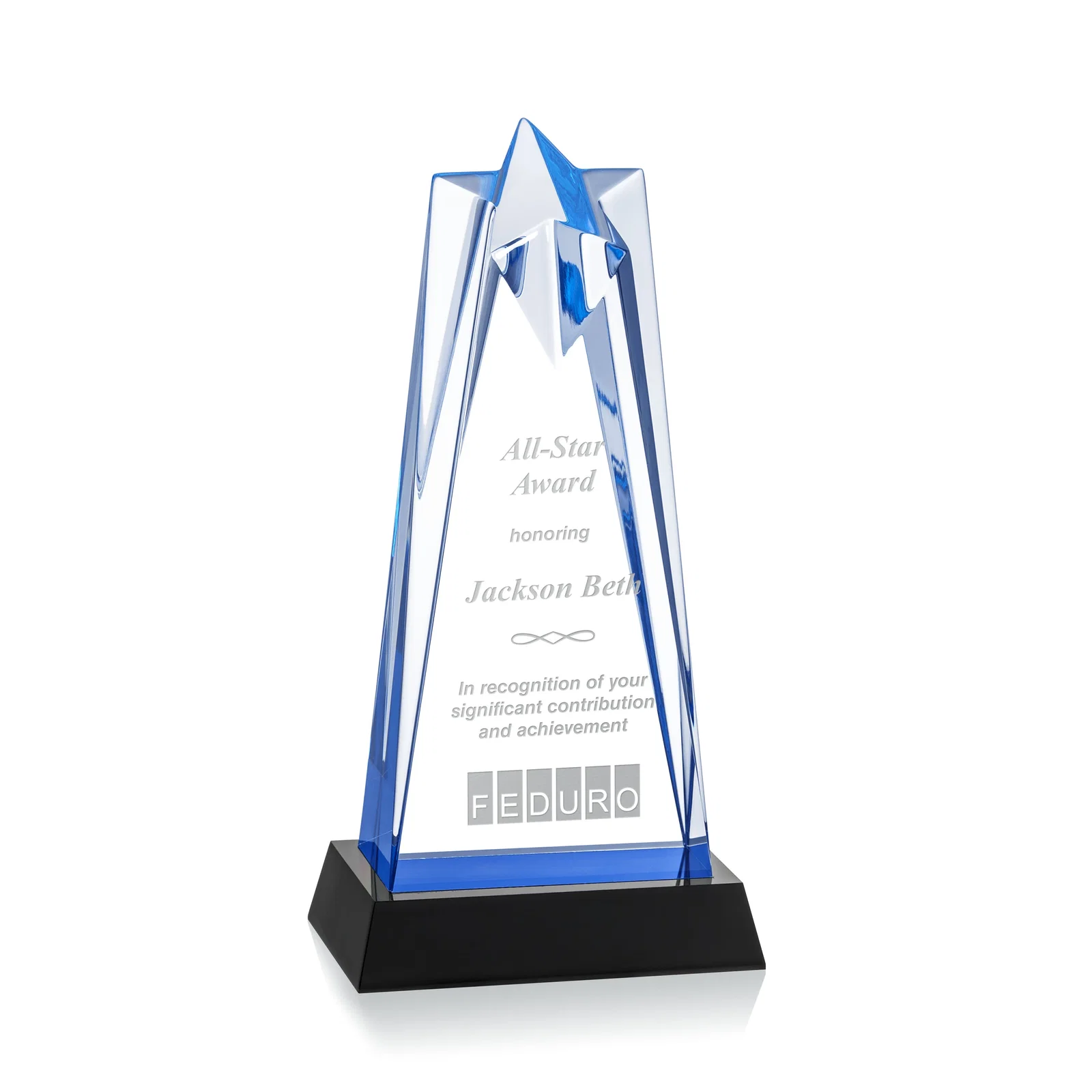 Custom Two-Piece Acrylic Star Award on Black Base, Engraved on Back for dealer and partner awards