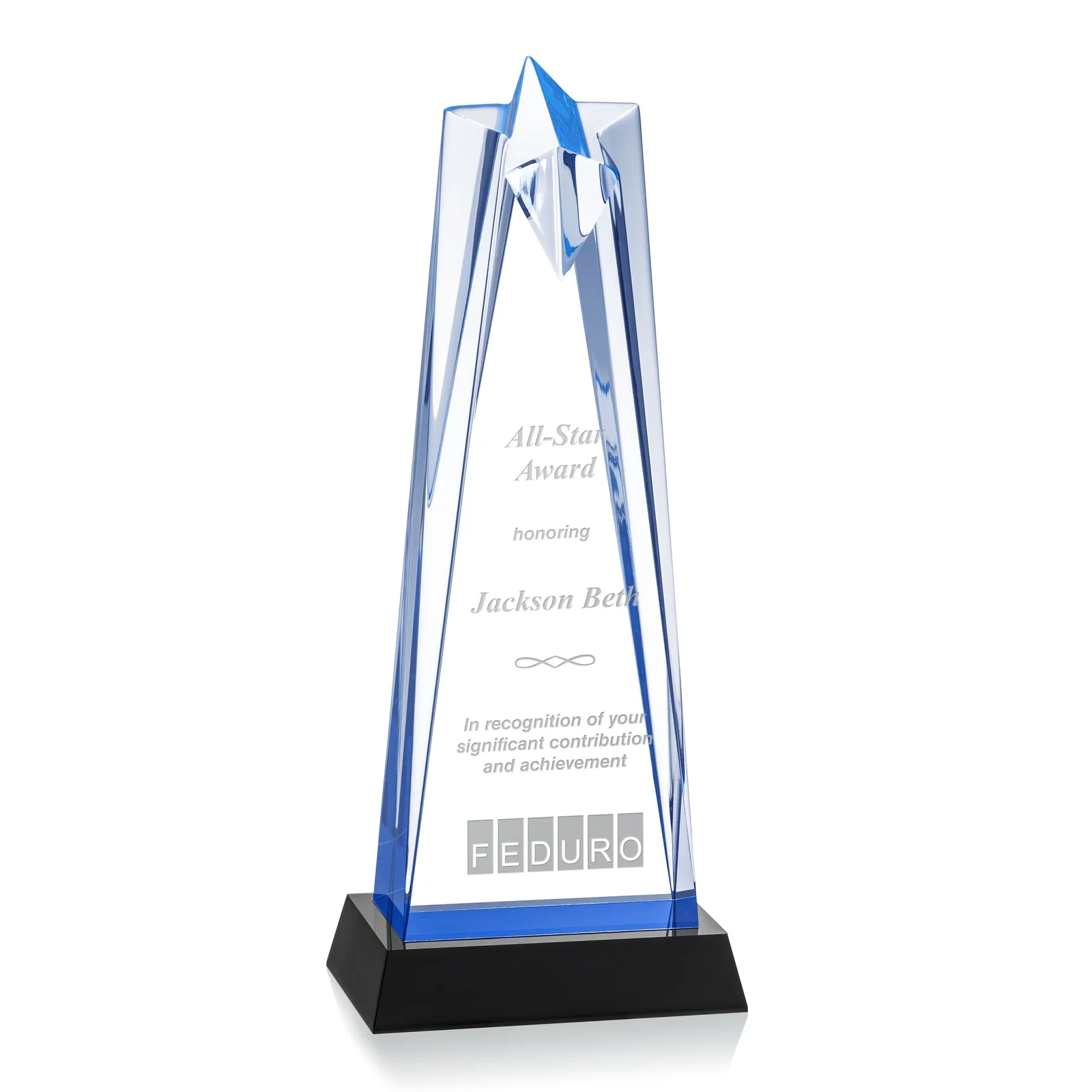 Custom Two-Piece Acrylic Star Award on Black Base, Engraved on Back for company anniversary events