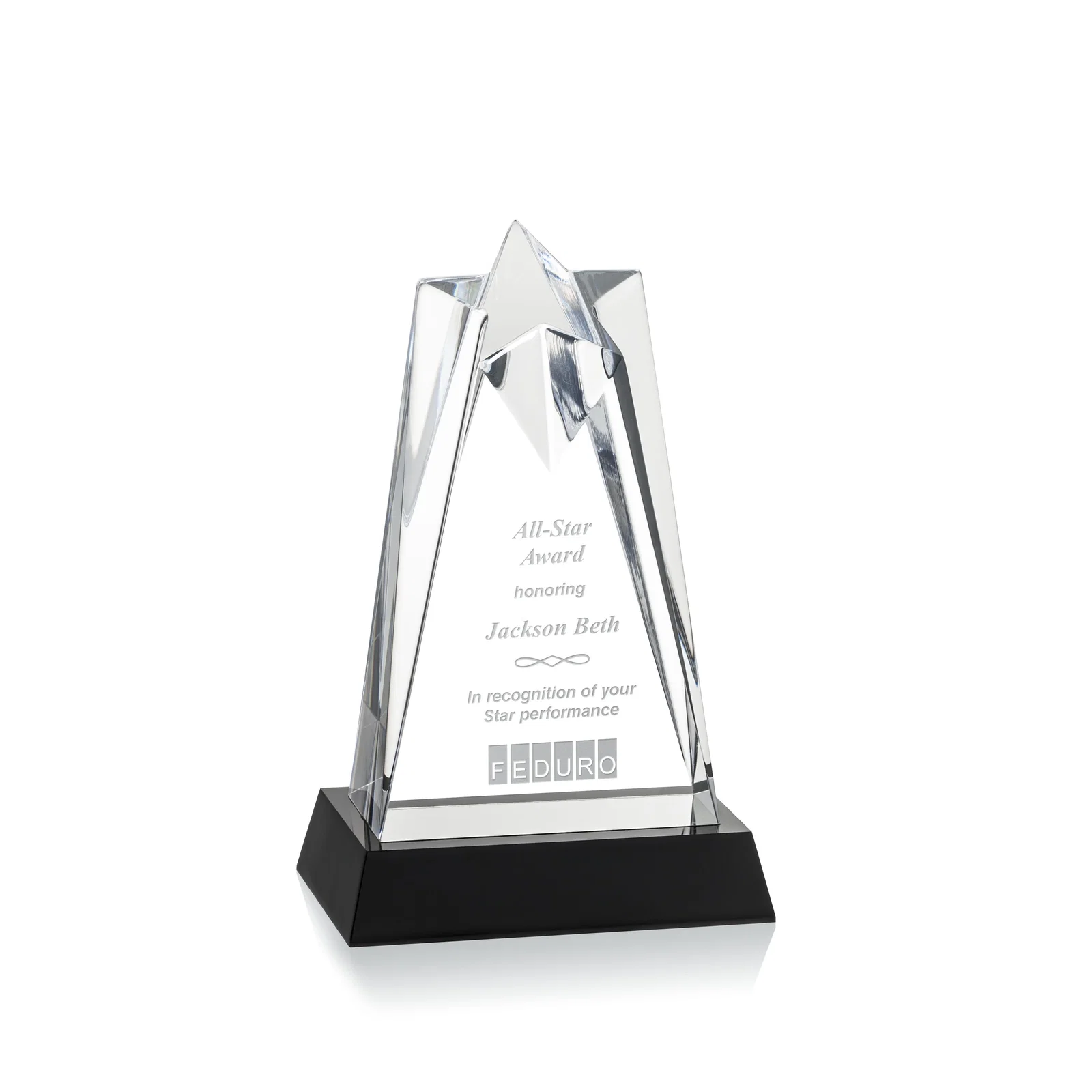 Custom Two-Piece Acrylic Star Award on Black Base, Engraved on Back for corporate award ceremonies