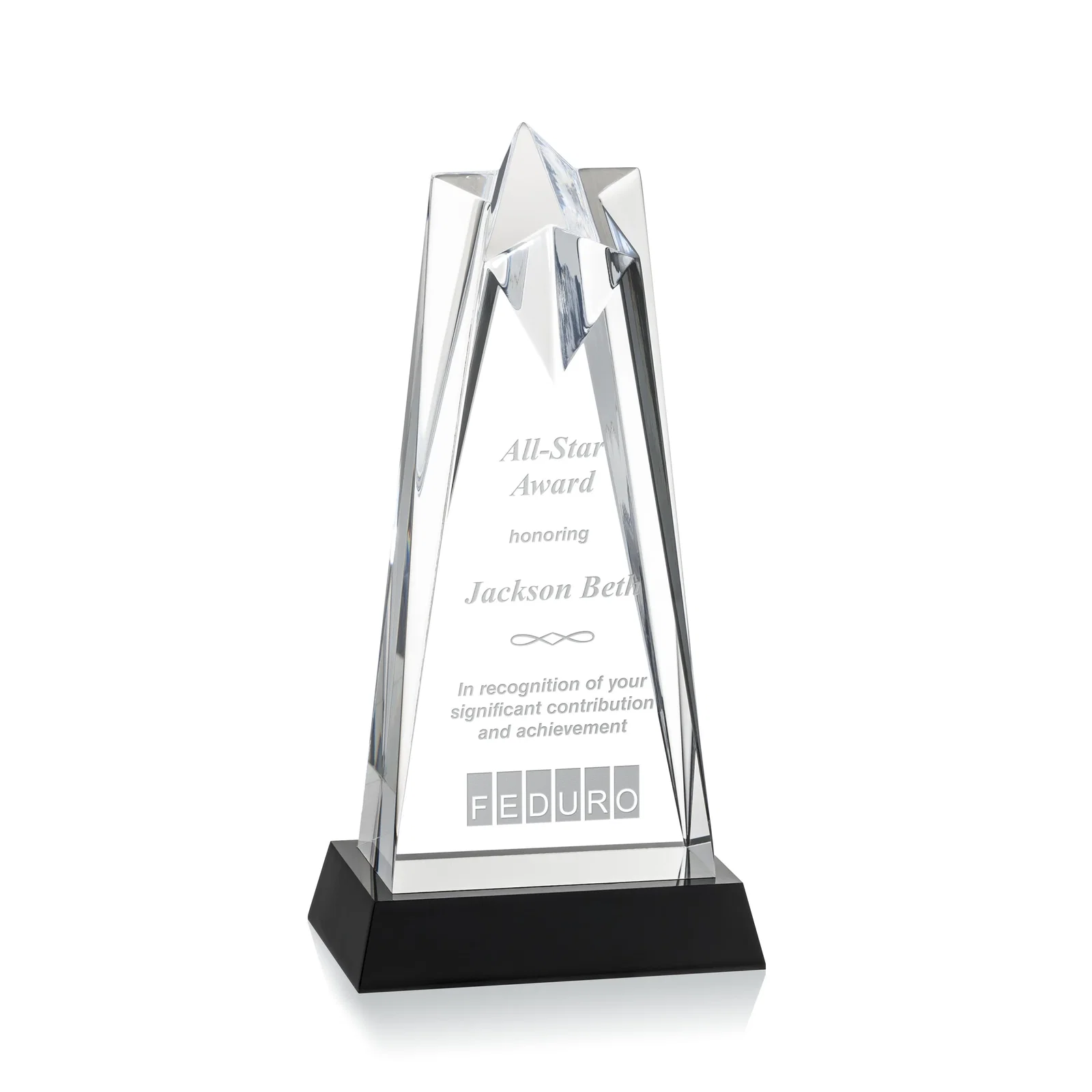 Custom Two-Piece Acrylic Star Award on Black Base, Engraved on Back for service anniversary gifts