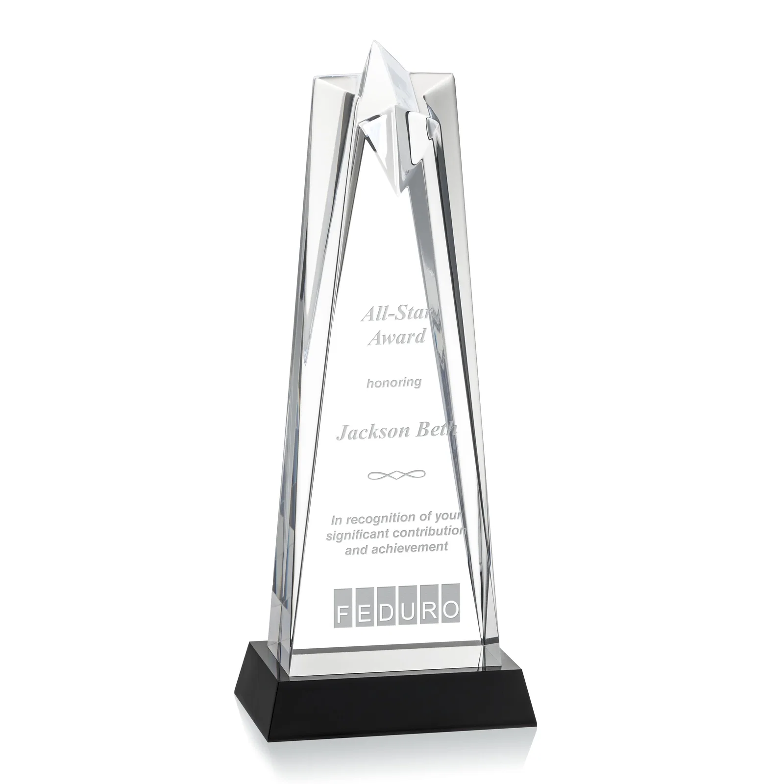 Custom Two-Piece Acrylic Star Award on Black Base, Engraved on Back for sales achievement awards