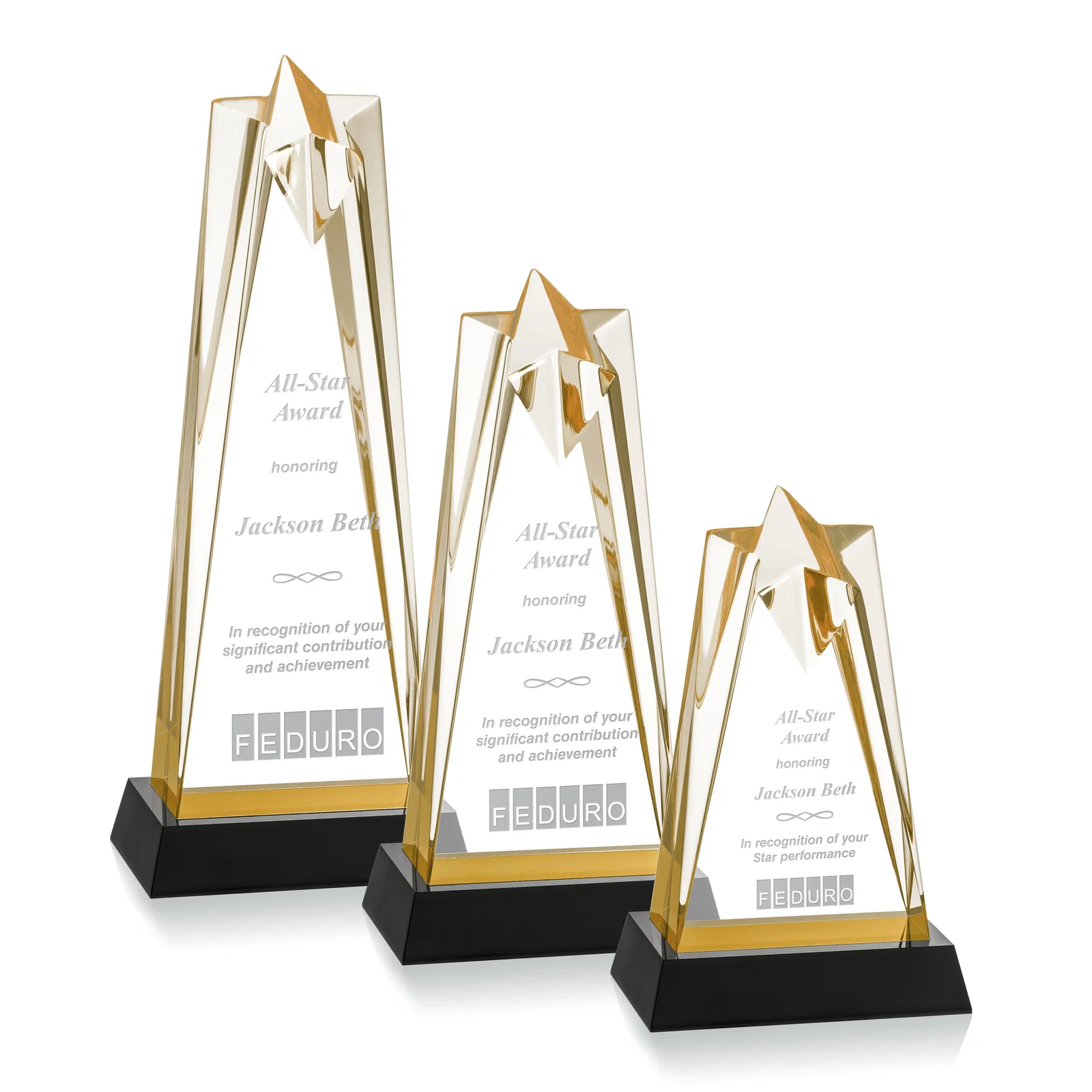 Custom Two-Piece Acrylic Star Award on Black Base, Engraved on Back for retirement presentations