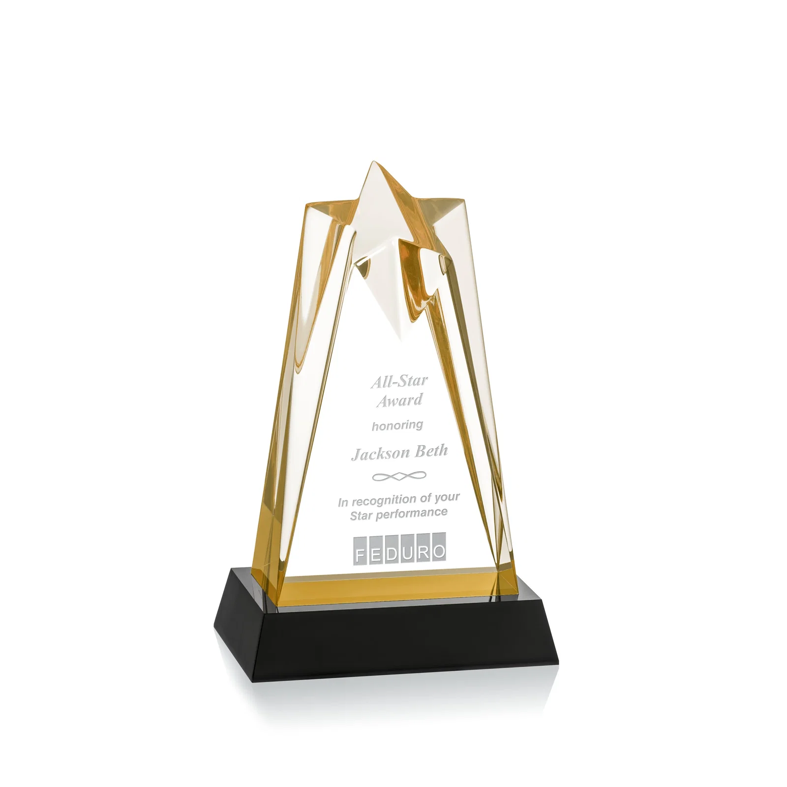 Custom Two-Piece Acrylic Star Award on Black Base, Engraved on Back for team milestone celebrations