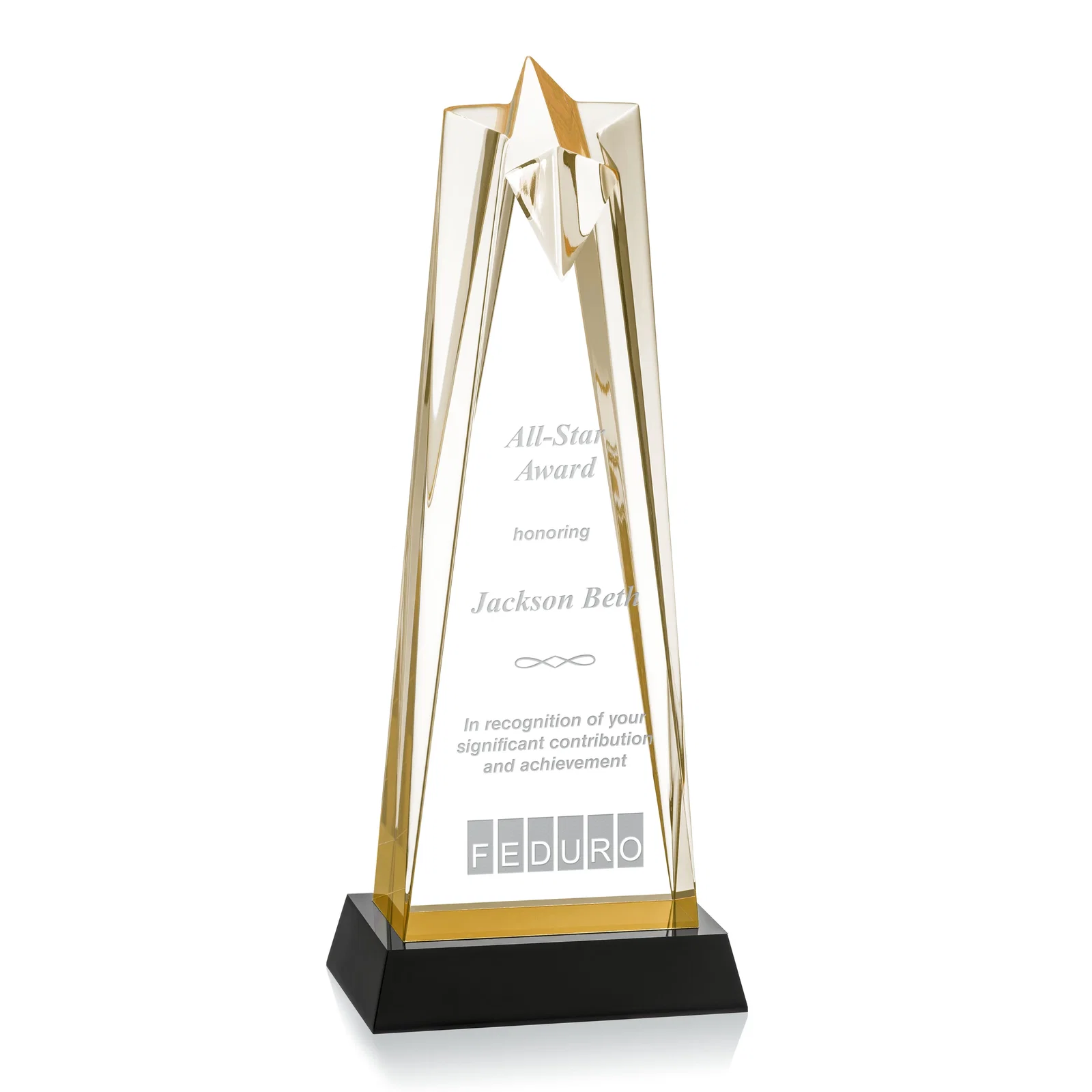 Custom Two-Piece Acrylic Star Award on Black Base, Engraved on Back for graduation ceremonies