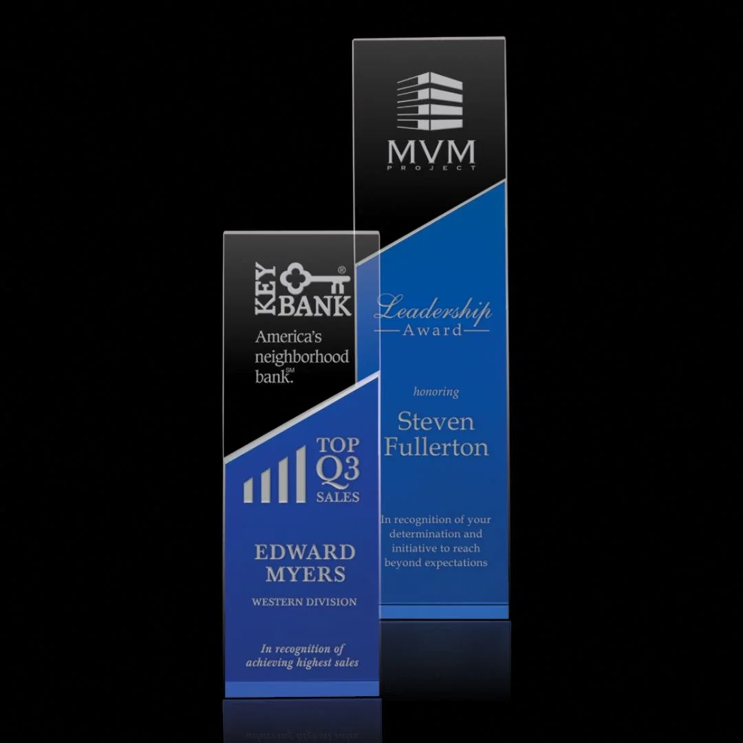 Custom Blue and Clear Optical Crystal Upright Tower Award for employee recognition