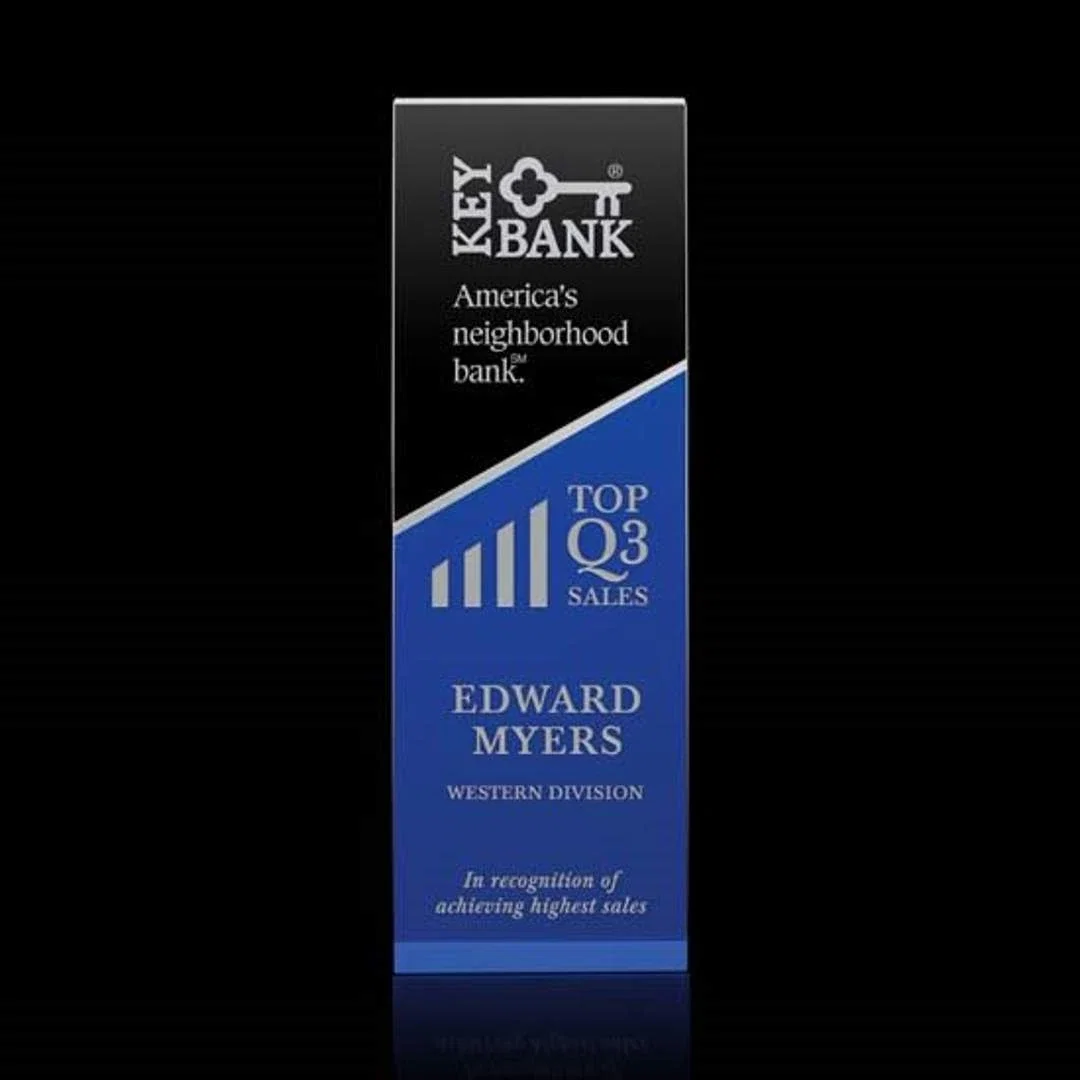 Custom Blue and Clear Optical Crystal Upright Tower Award for corporate award ceremonies