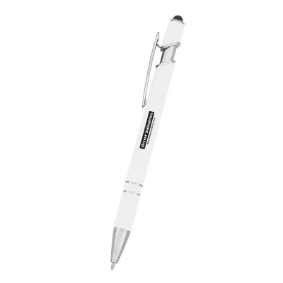 Recycled plastic pen with an inclined grip and stylus top