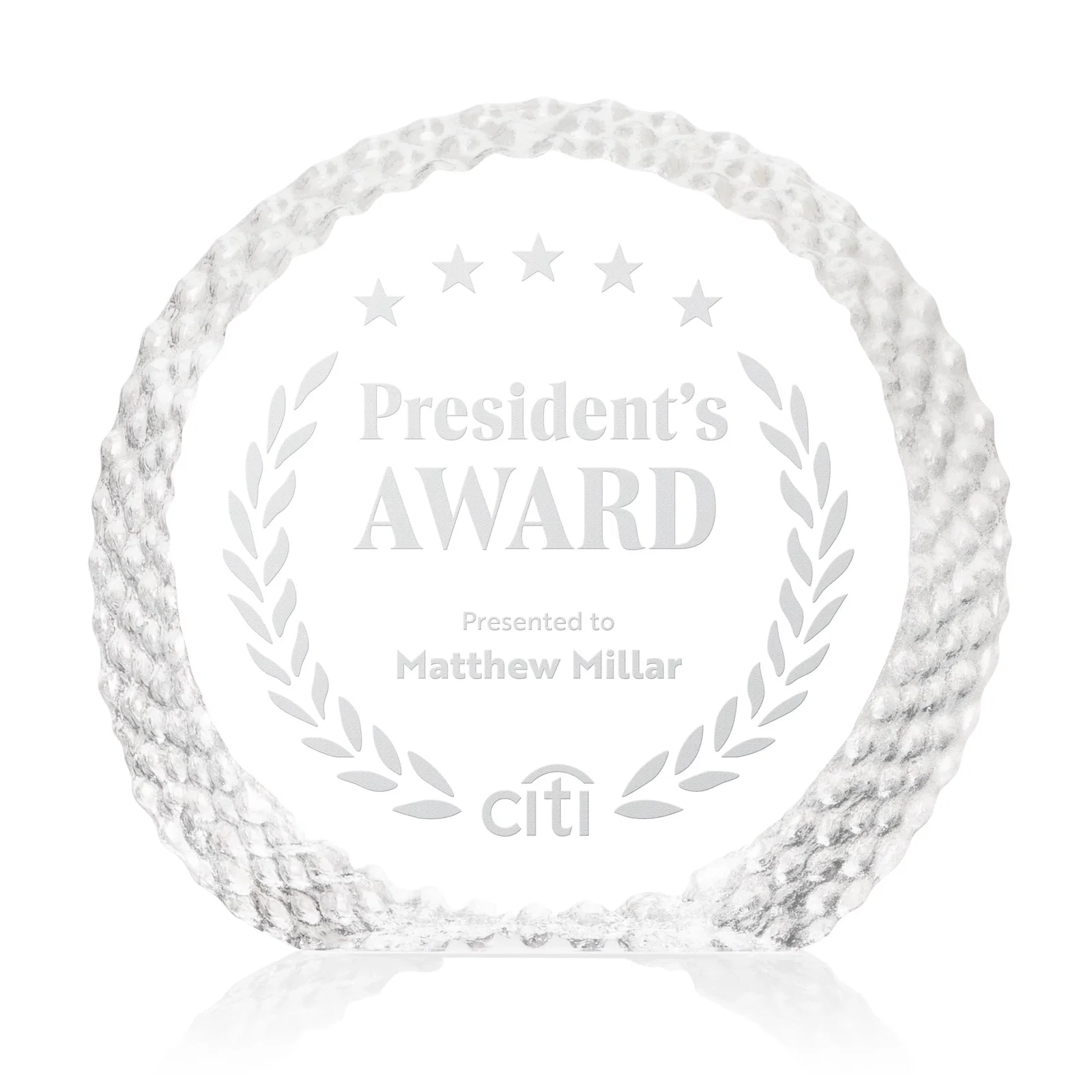 Custom Optical Crystal Round Award With an Interwoven-Circle Border for employee recognition