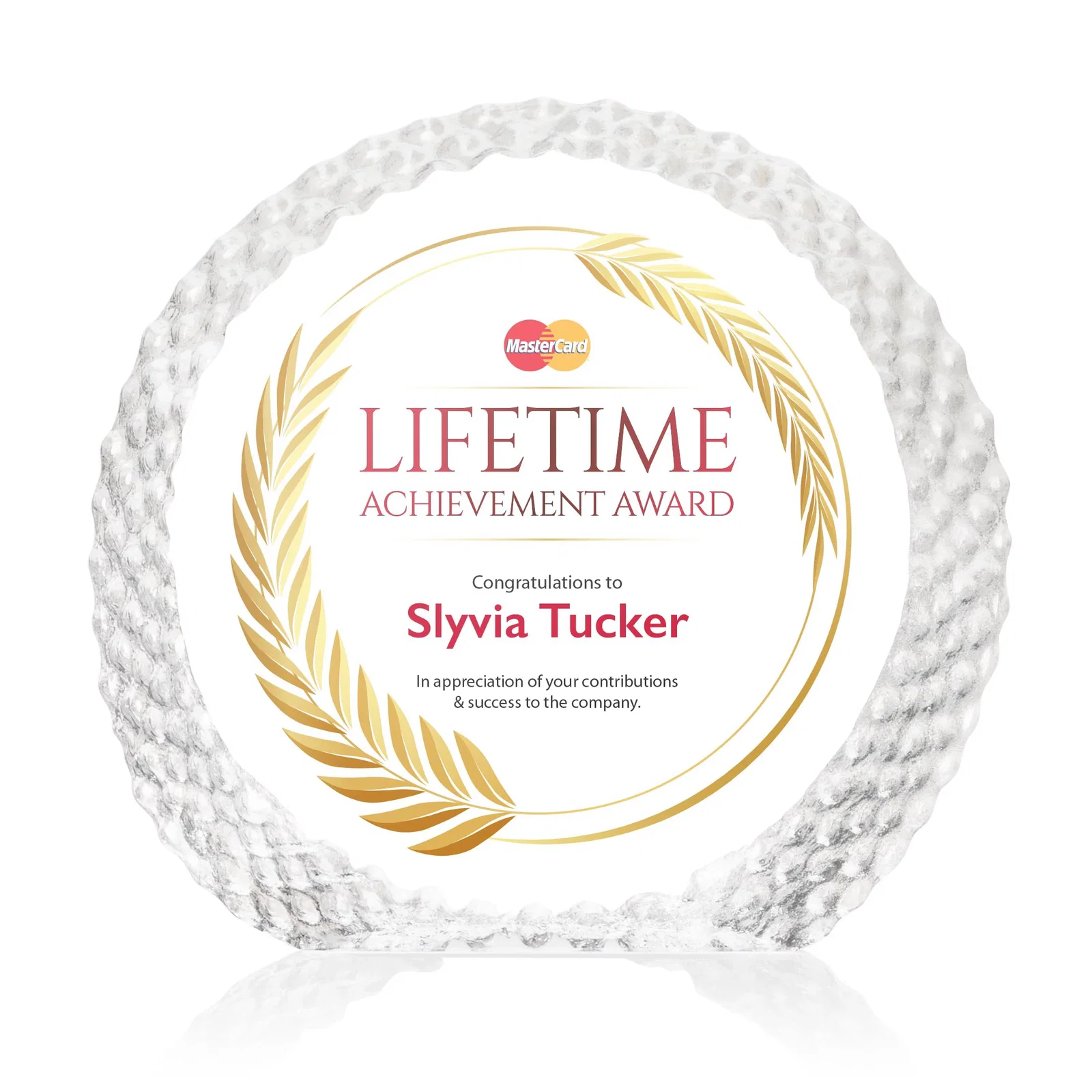 Custom Optical Crystal Round Award With an Interwoven-Circle Border for service anniversary gifts