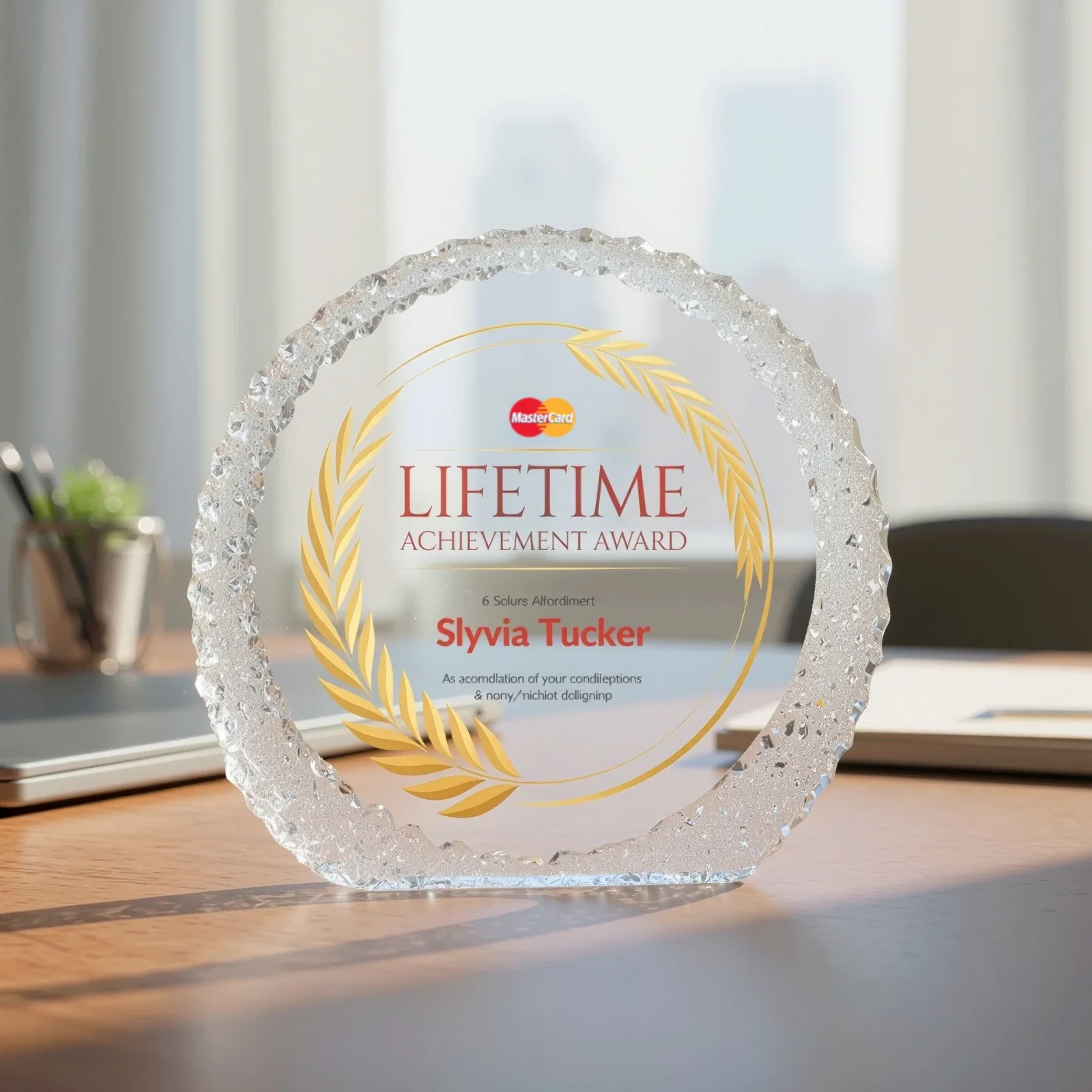 Custom Optical Crystal Round Award With an Interwoven-Circle Border for retirement presentations