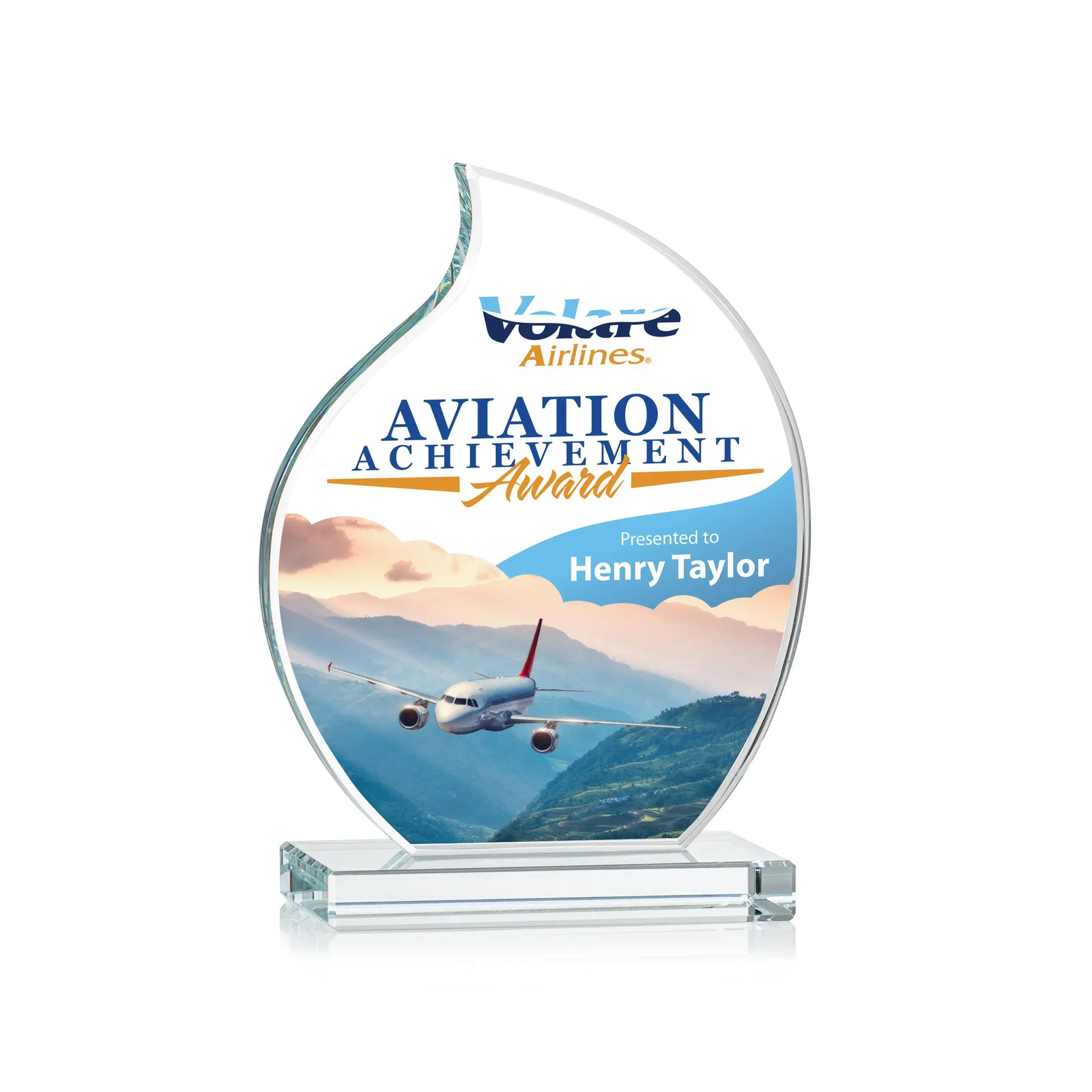 Custom Starfire Crystal Flame Award with Curved, Unfaceted Lines for company anniversary events