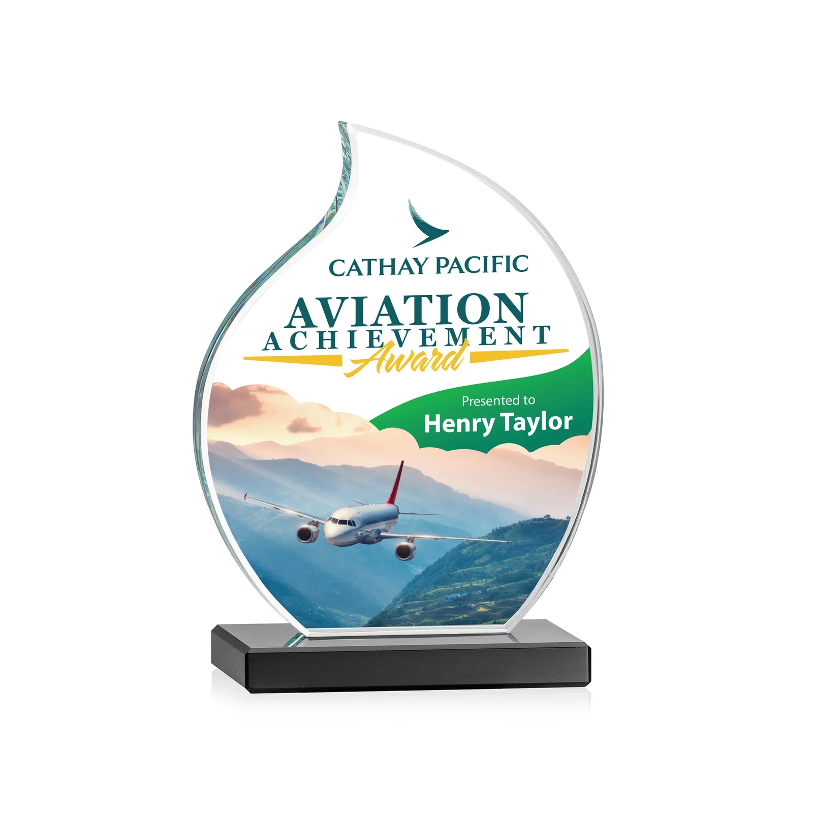 Personalized Starfire Crystal Flame Award with Curved, Unfaceted Lines for employee recognition