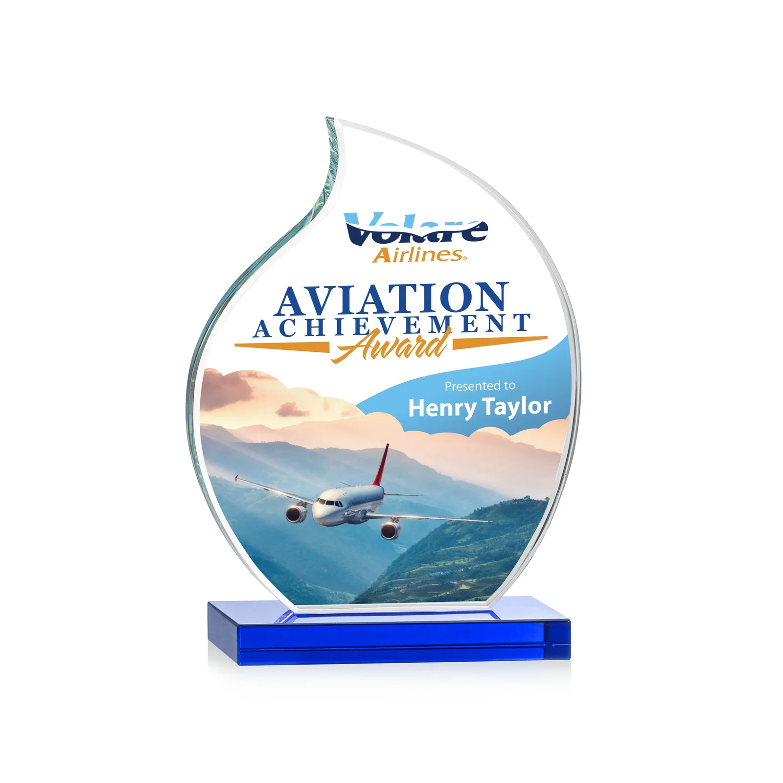 Personalized Starfire Crystal Flame Award with Curved, Unfaceted Lines for corporate award ceremonies