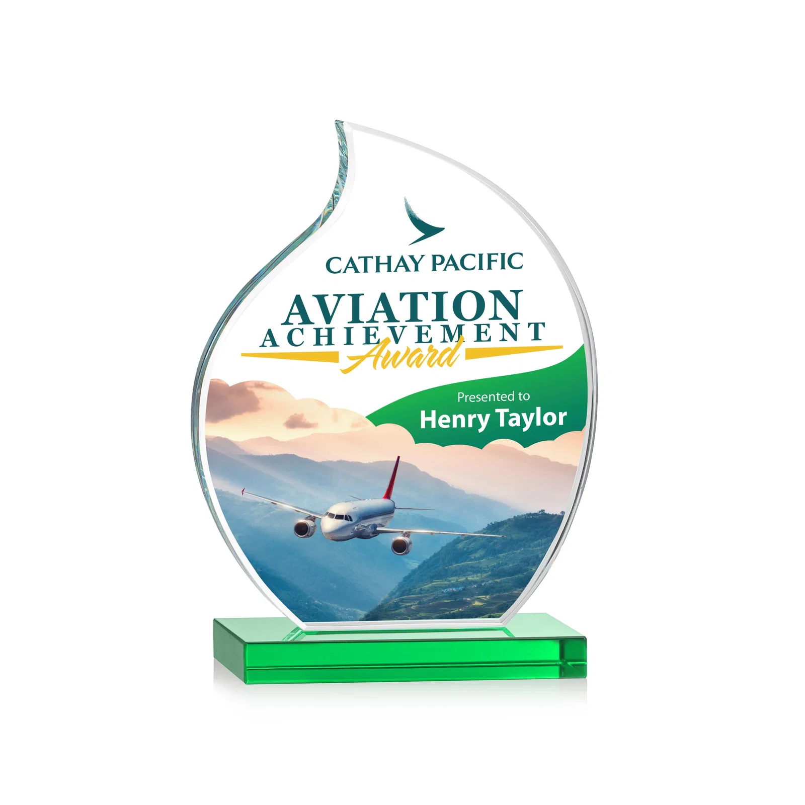 Personalized Starfire Crystal Flame Award with Curved, Unfaceted Lines for service anniversary gifts