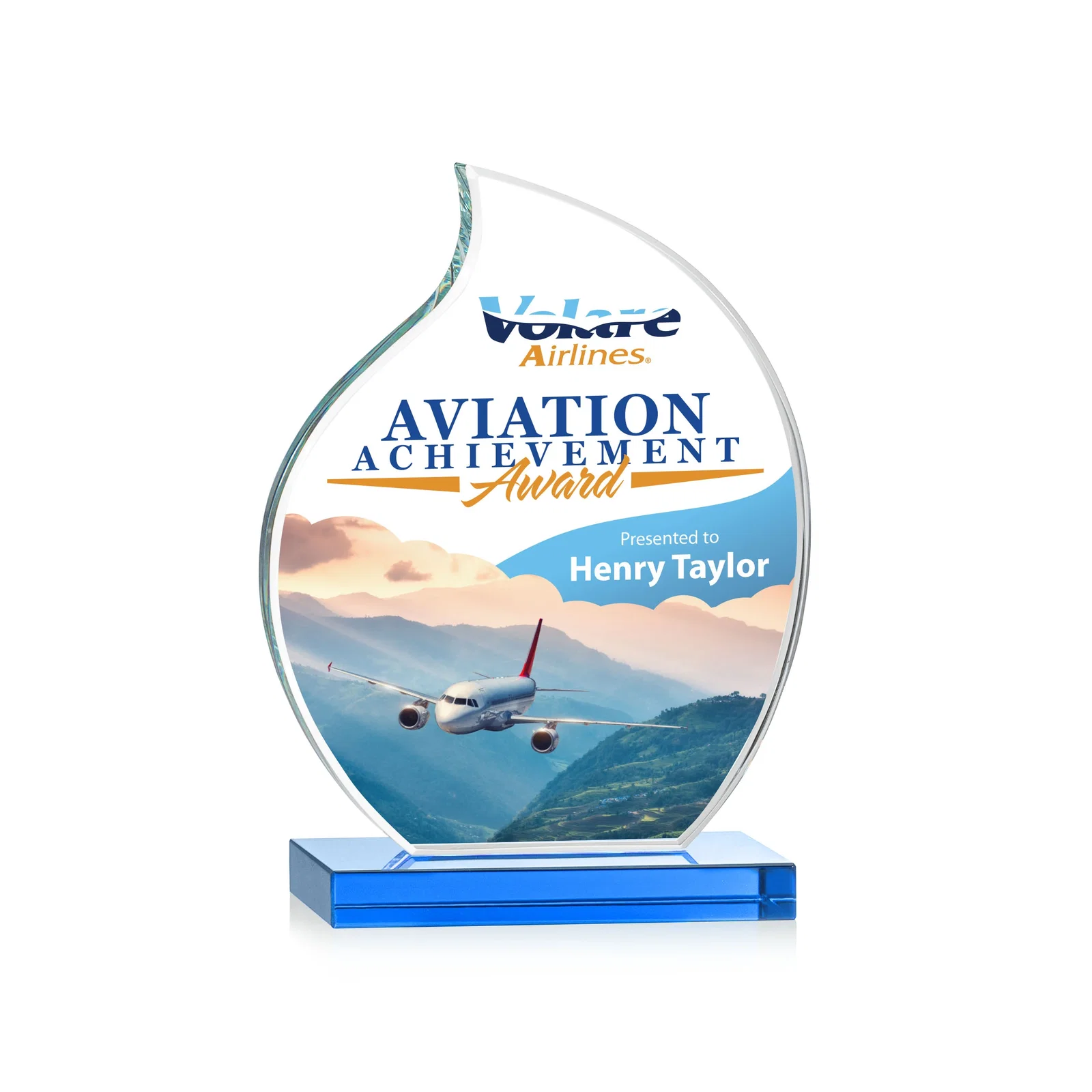 Personalized Starfire Crystal Flame Award with Curved, Unfaceted Lines for sales achievement awards