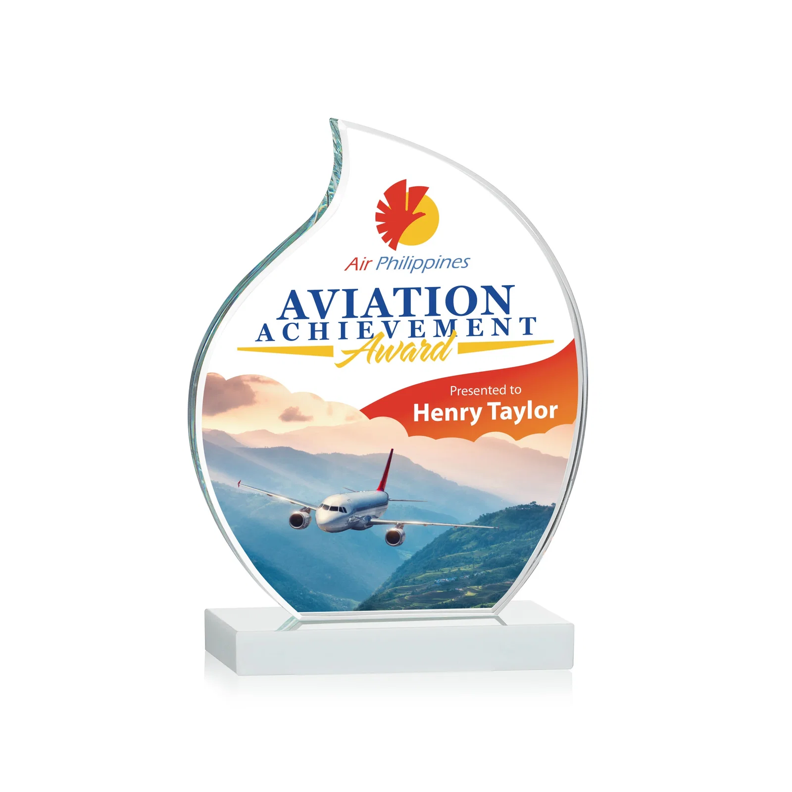 Personalized Starfire Crystal Flame Award with Curved, Unfaceted Lines for retirement presentations